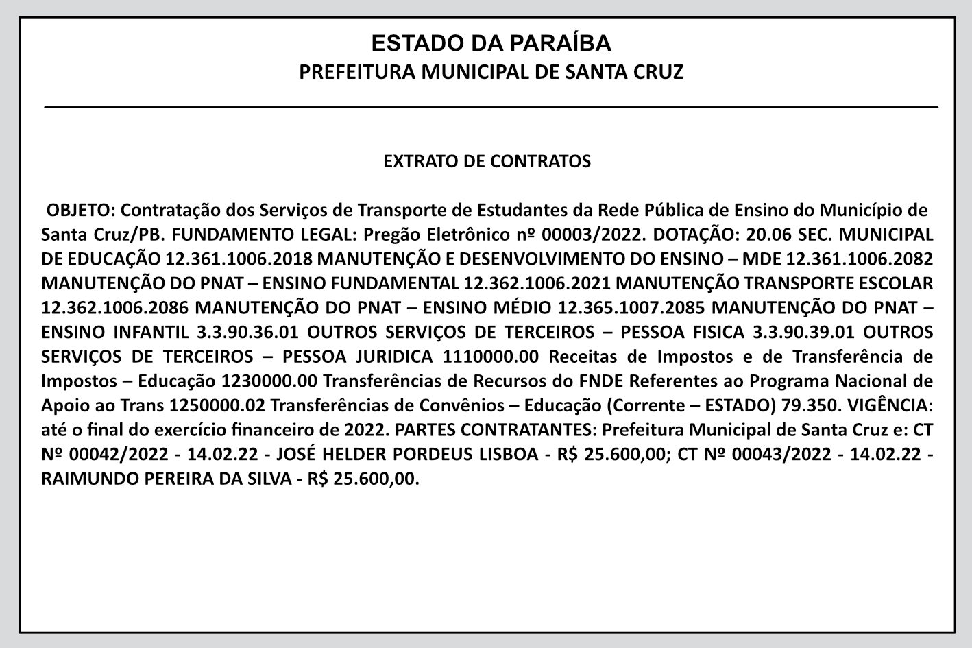 PREFEITURA MUNICIPAL DE SANTA CRUZ – EXTRATO DE CONTRATOS