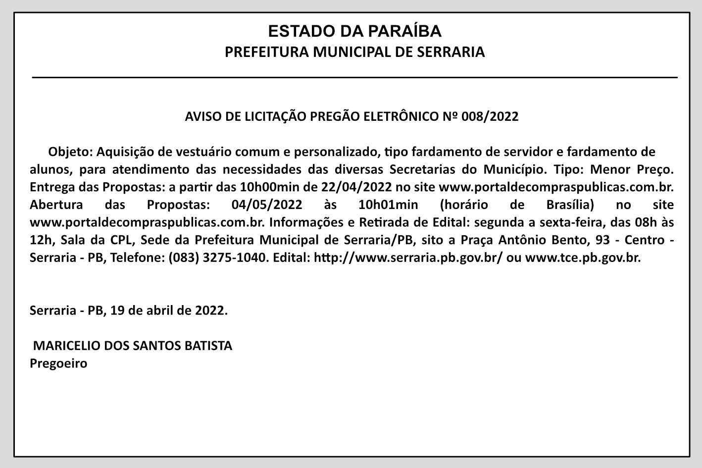 PREFEITURA MUNICIPAL DE SERRARIA – AVISO DE LICITAÇÃO – PREGÃO ELETRÔNICO Nº 008/2022