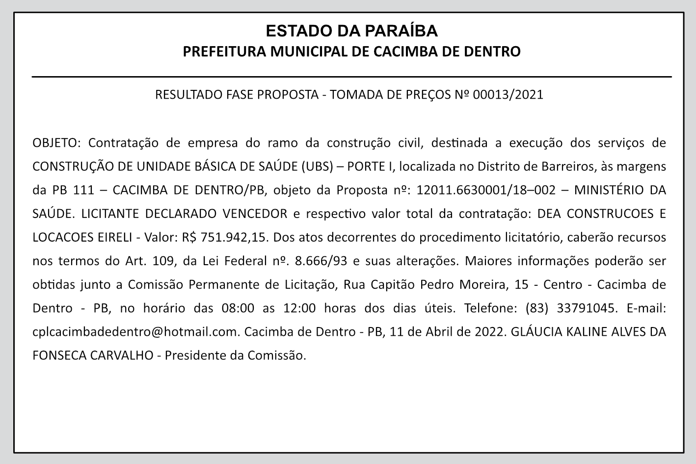 PREFEITURA MUNICIPAL DE CACIMBA DE DENTRO – RESULTADO FASE PROPOSTA – TOMADA DE PREÇOS Nº 00013/2021
