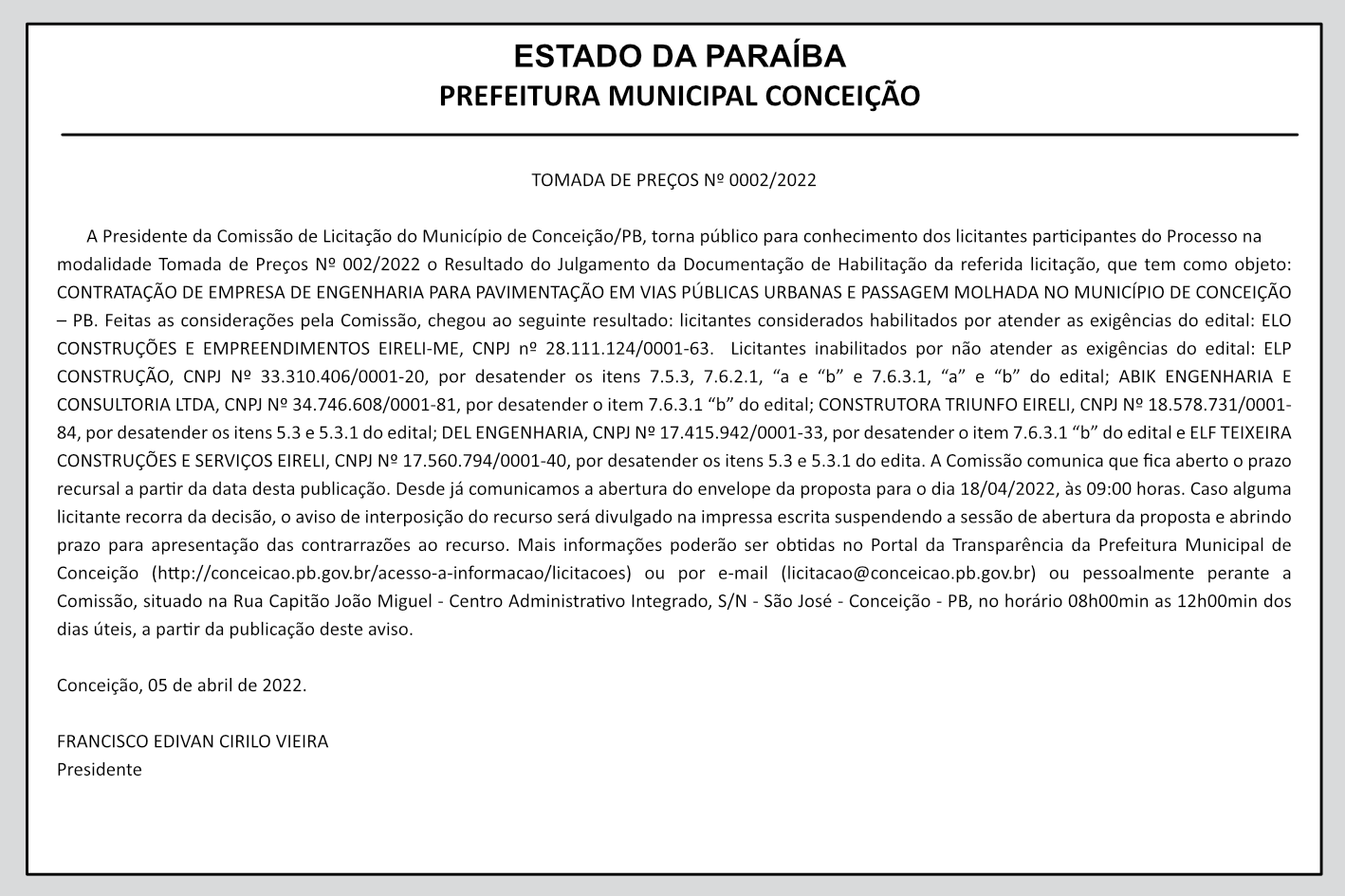 PREFEITURA DE CONCEIÇÃO – TOMADA DE PREÇOS Nº 0002/2022