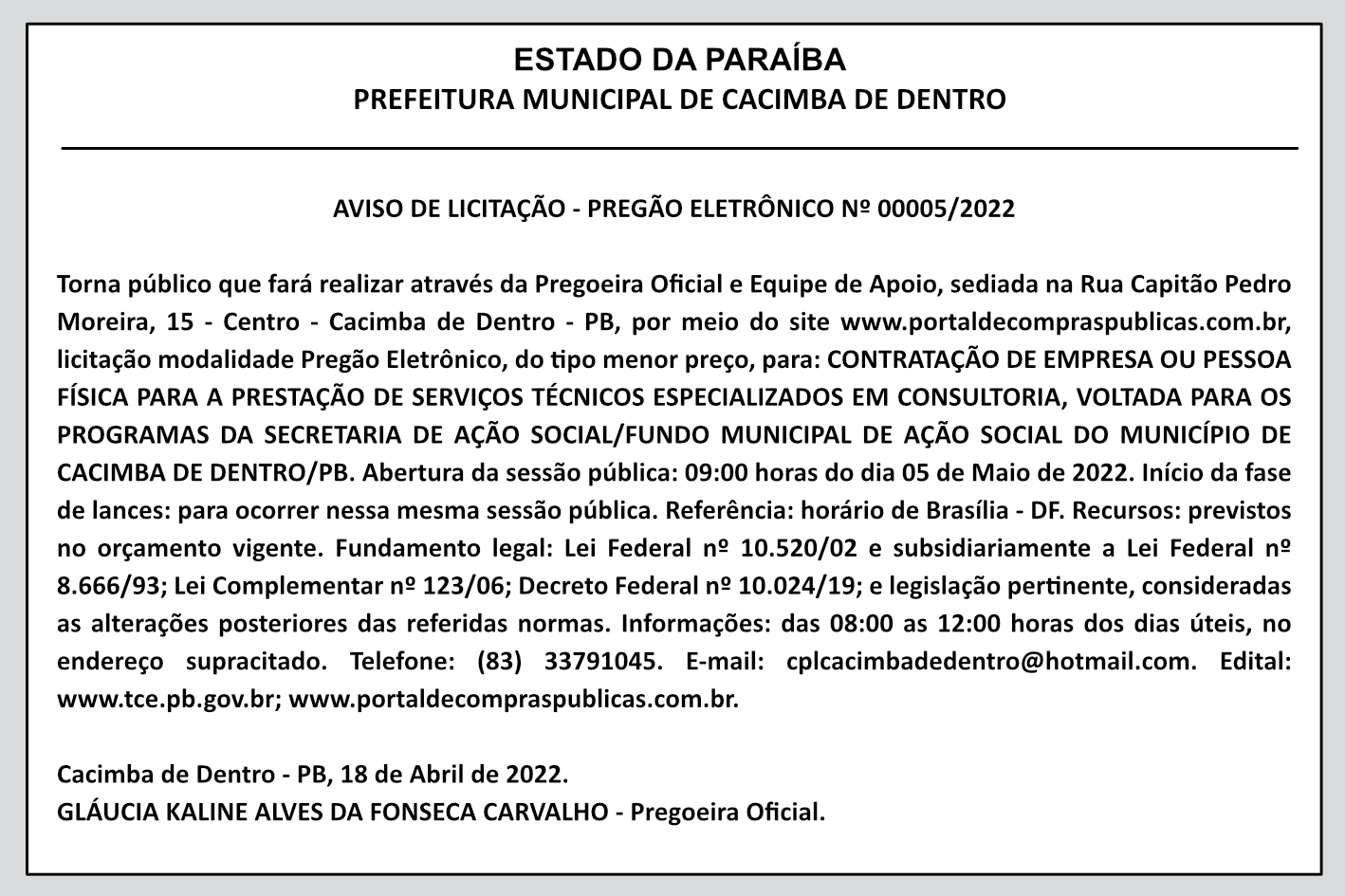 PREFEITURA MUNICIPAL DE CACIMBA DE DENTRO – AVISO DE LICITAÇÃO – PREGÃO ELETRÔNICO Nº 00005/2022