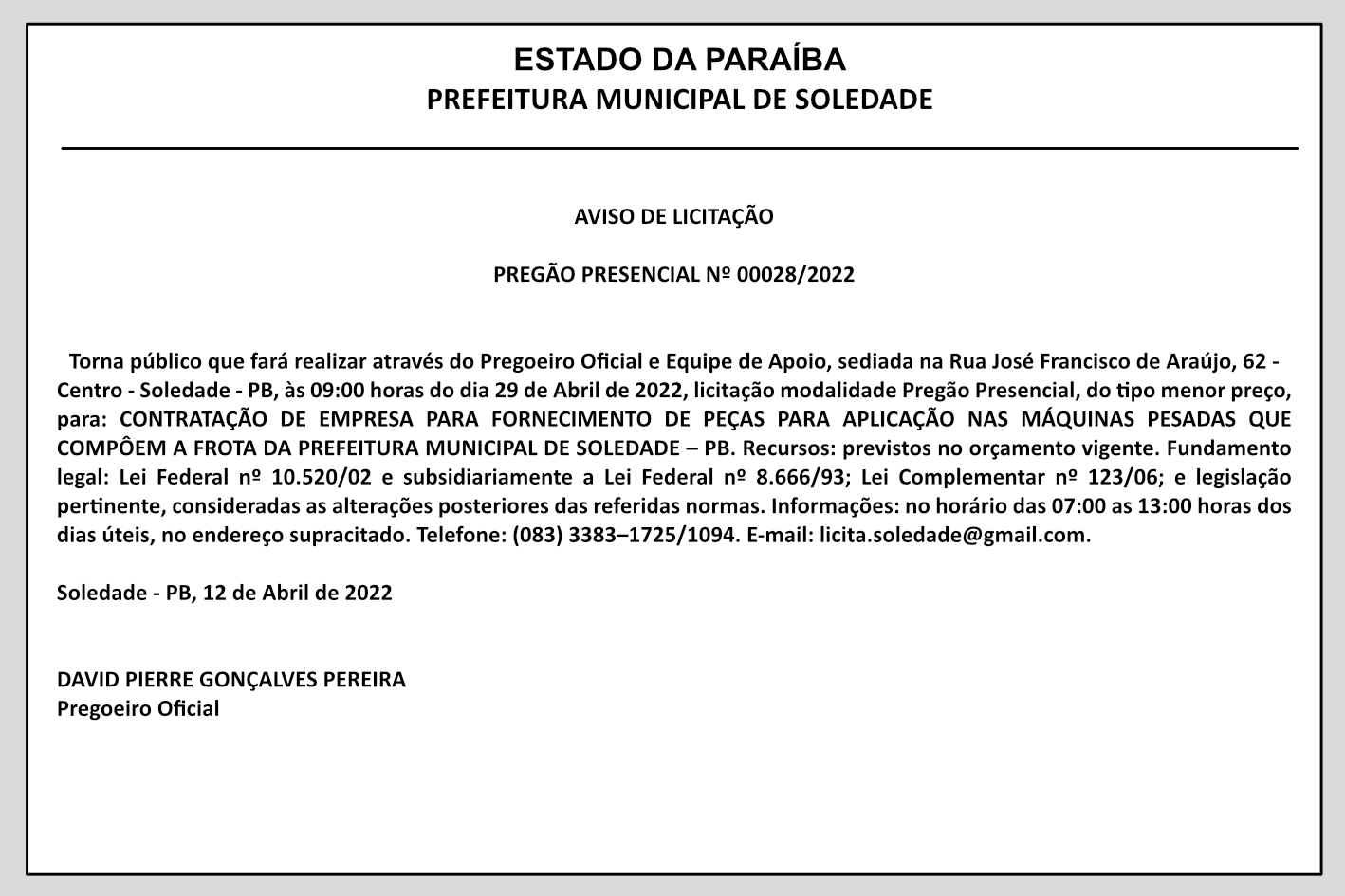 PREFEITURA MUNICIPAL DE SOLEDADE – AVISO DE LICITAÇÃO – PREGÃO PRESENCIAL Nº 00028/2022