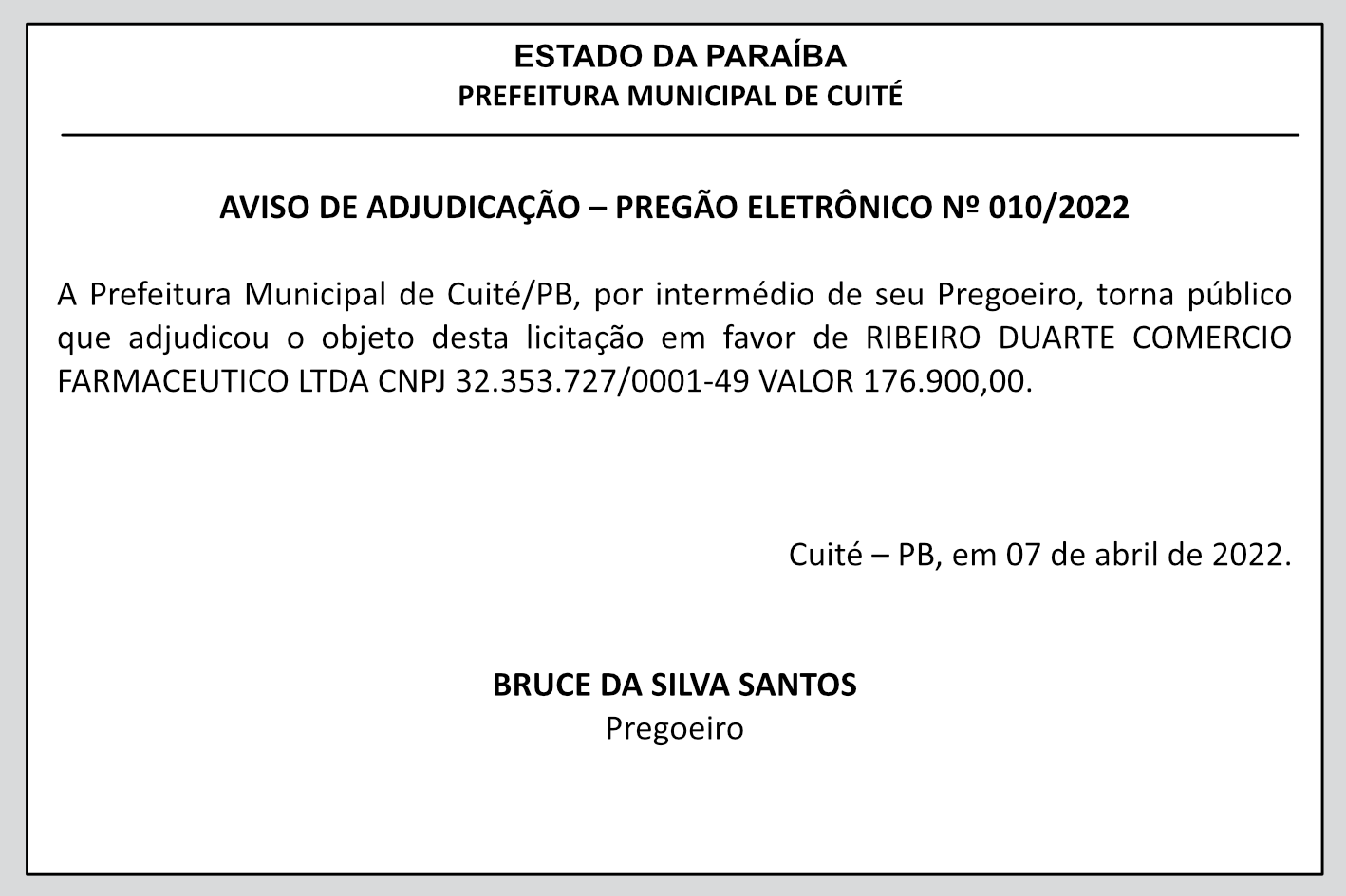 PREFEITURA MUNICIPAL DE CUITÉ – AVISO DE ADJUDICAÇÃO – PREGÃO ELETRÔNICO Nº 010/2022