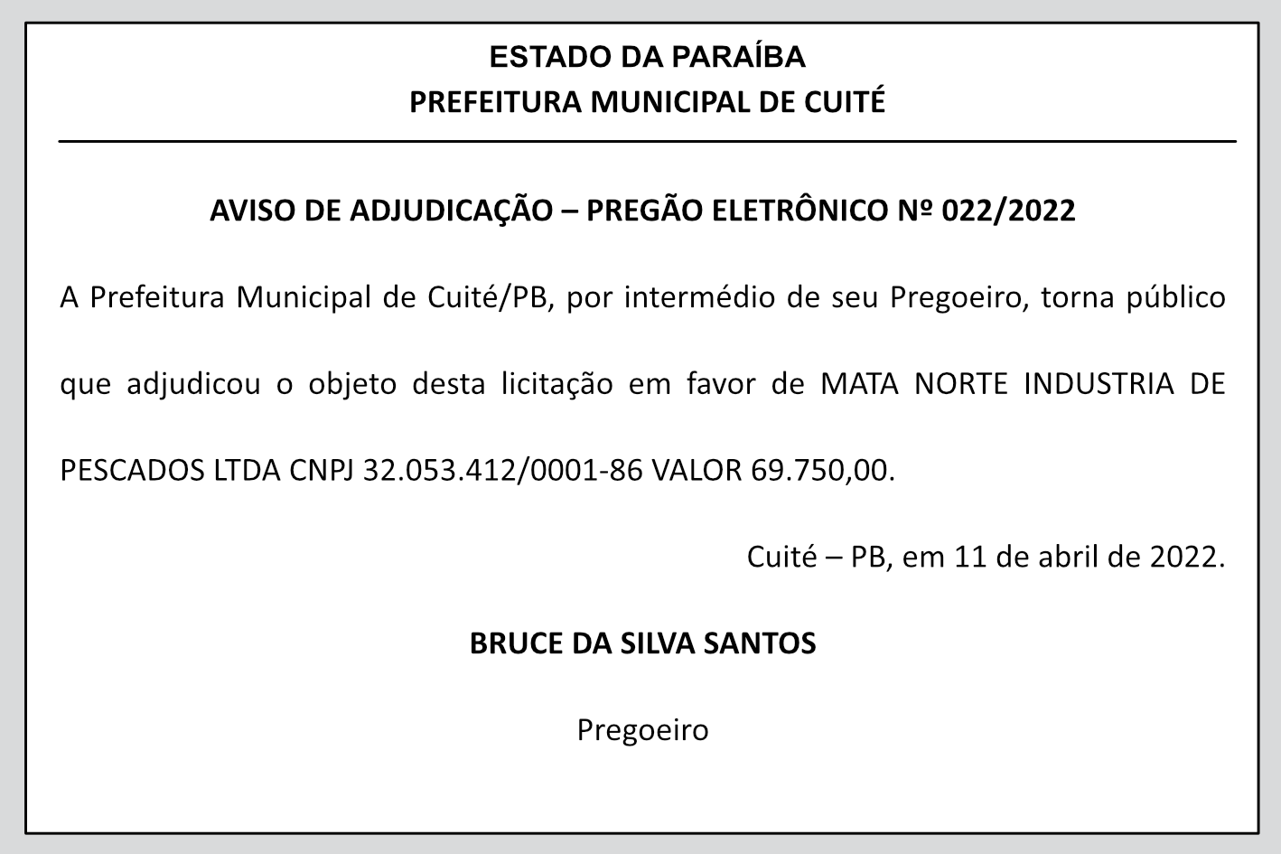 PREFEITURA MUNICIPAL DE CUITÉ – AVISO DE ADJUDICAÇÃO – PREGÃO ELETRÔNICO Nº 022/2022