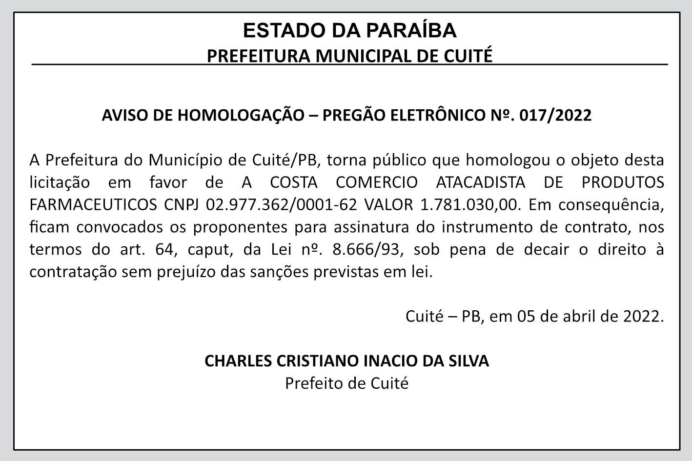 PREFEITURA MUNICIPAL DE CUITÉ – AVISO DE HOMOLOGAÇÃO – PREGÃO ELETRÔNICO Nº 017/2022
