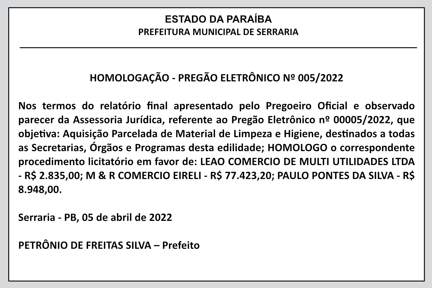 PREFEITURA MUNICIPAL DE SERRARIA – HOMOLOGAÇÃO – PREGÃO ELETRÔNICO Nº 005/2022
