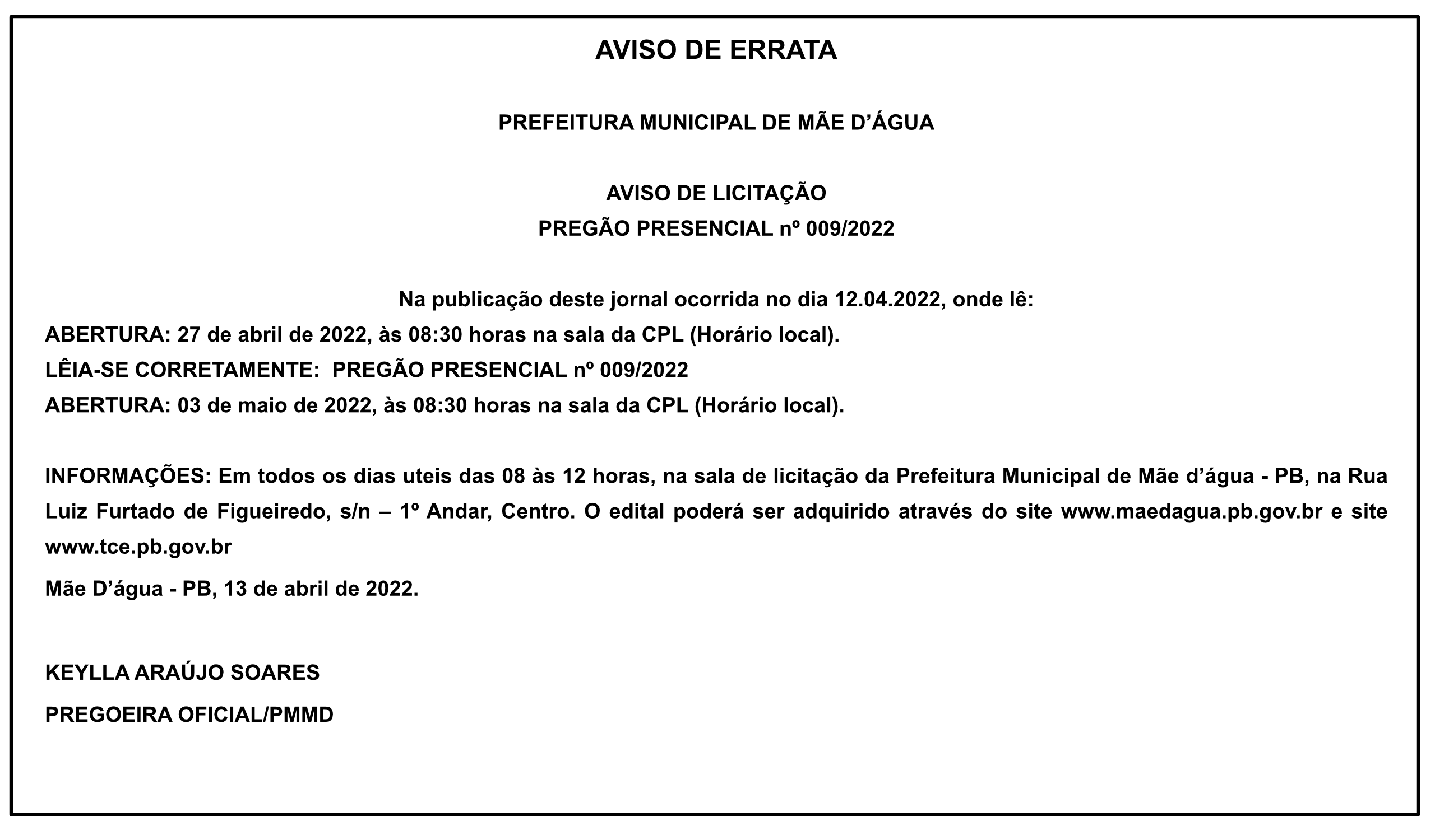 PREFEITURA MUNICIPAL DE MÃE D’ÁGUA – AVISO DE ERRATA – AVISO DE LICITAÇÃO – PREGÃO PRESENCIAL Nº 009/2022