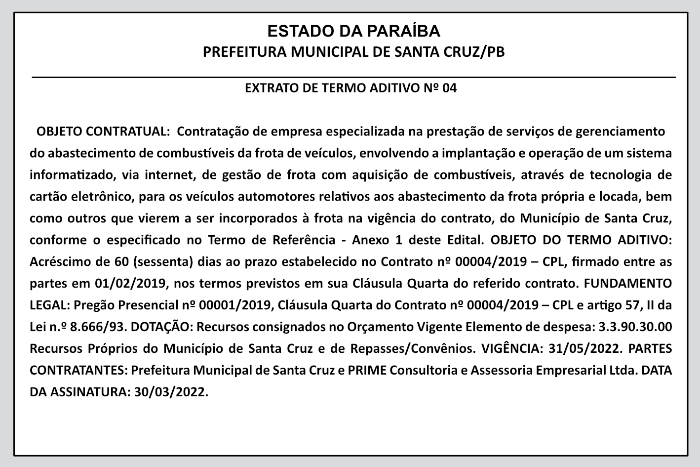 PREFEITURA MUNICIPAL DE SANTA CRUZ – EXTRATO DE TERMO ADITIVO Nº 04