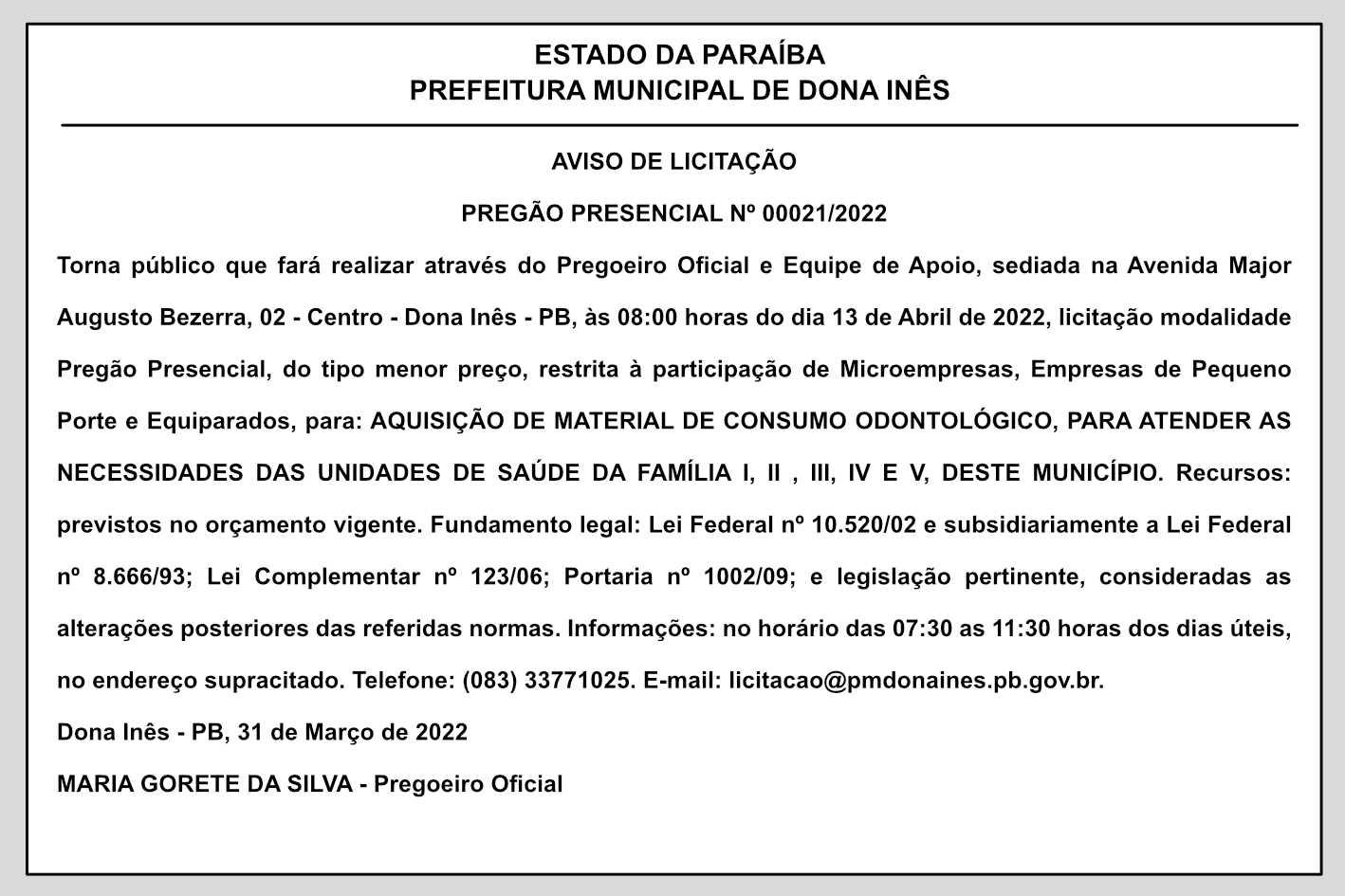 FUNDO MUNICIPAL DE SAÚDE DE DONA INÊS – AVISO DE LICITAÇÃO – PREGÃO PRESENCIAL Nº 00021/2022