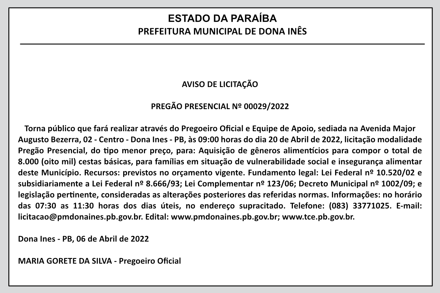 PREFEITURA MUNICIPAL DE DONA INÊS – AVISO DE LICITAÇÃO – PREGÃO PRESENCIAL Nº 00029/2022