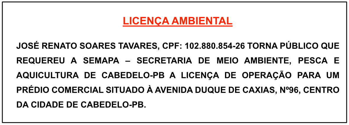 JOSÉ RENATO SOARES TAVARES – LICENÇA AMBENTAL