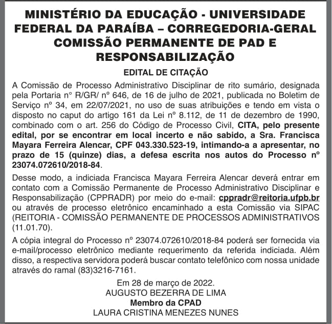 UFPB – CORREGEDORIA-GERAL – COMISSÃO PERMANENTE DE PAD E RESPONSABILIZAÇÃO – EDITAL DE CITAÇÃO