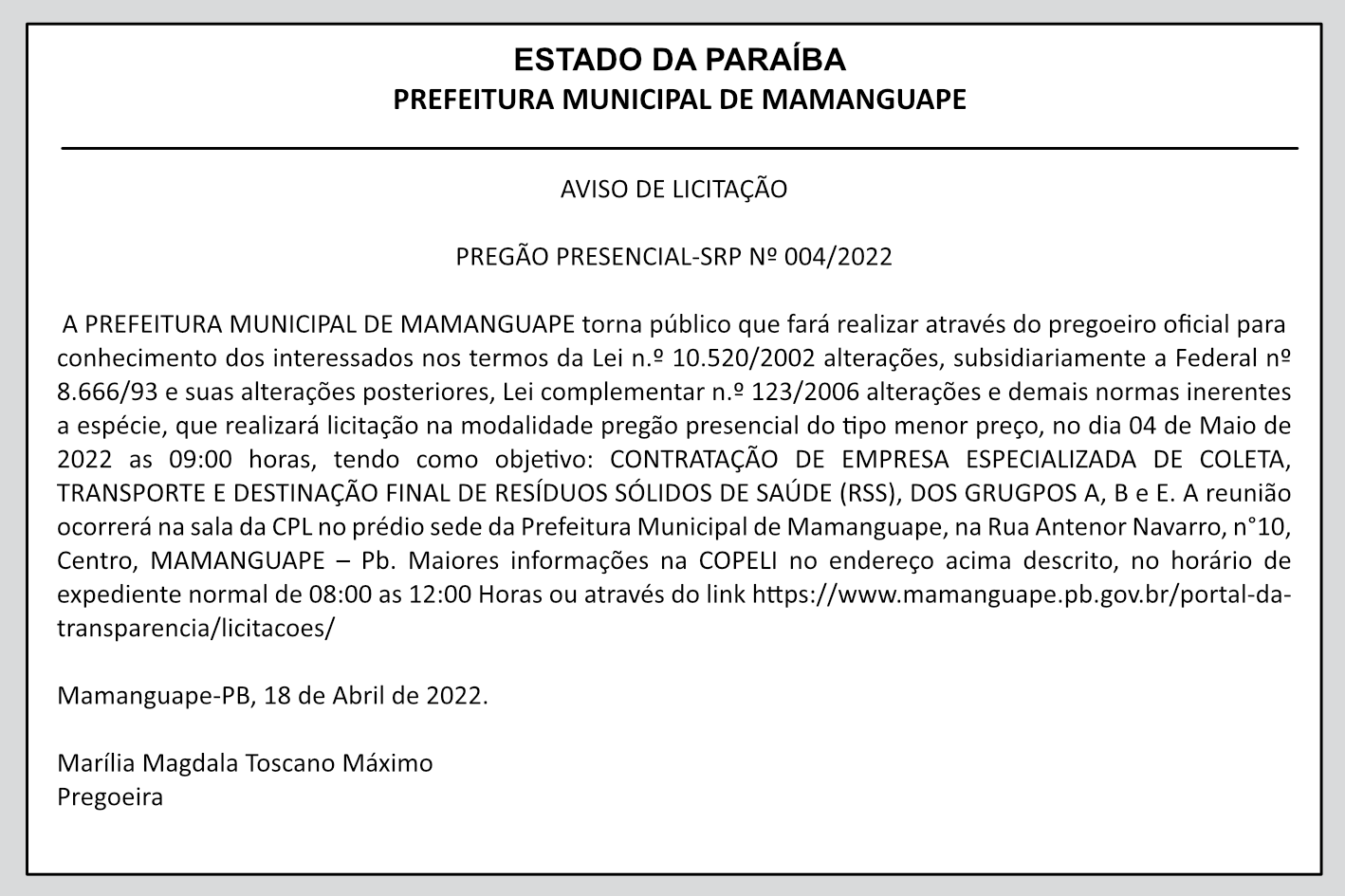 PREFEITURA MUNICIPAL DE MAMANGUAPE – AVISO DE LICITAÇÃO – PREGÃO PRESENCIAL-SRP Nº 004/2022