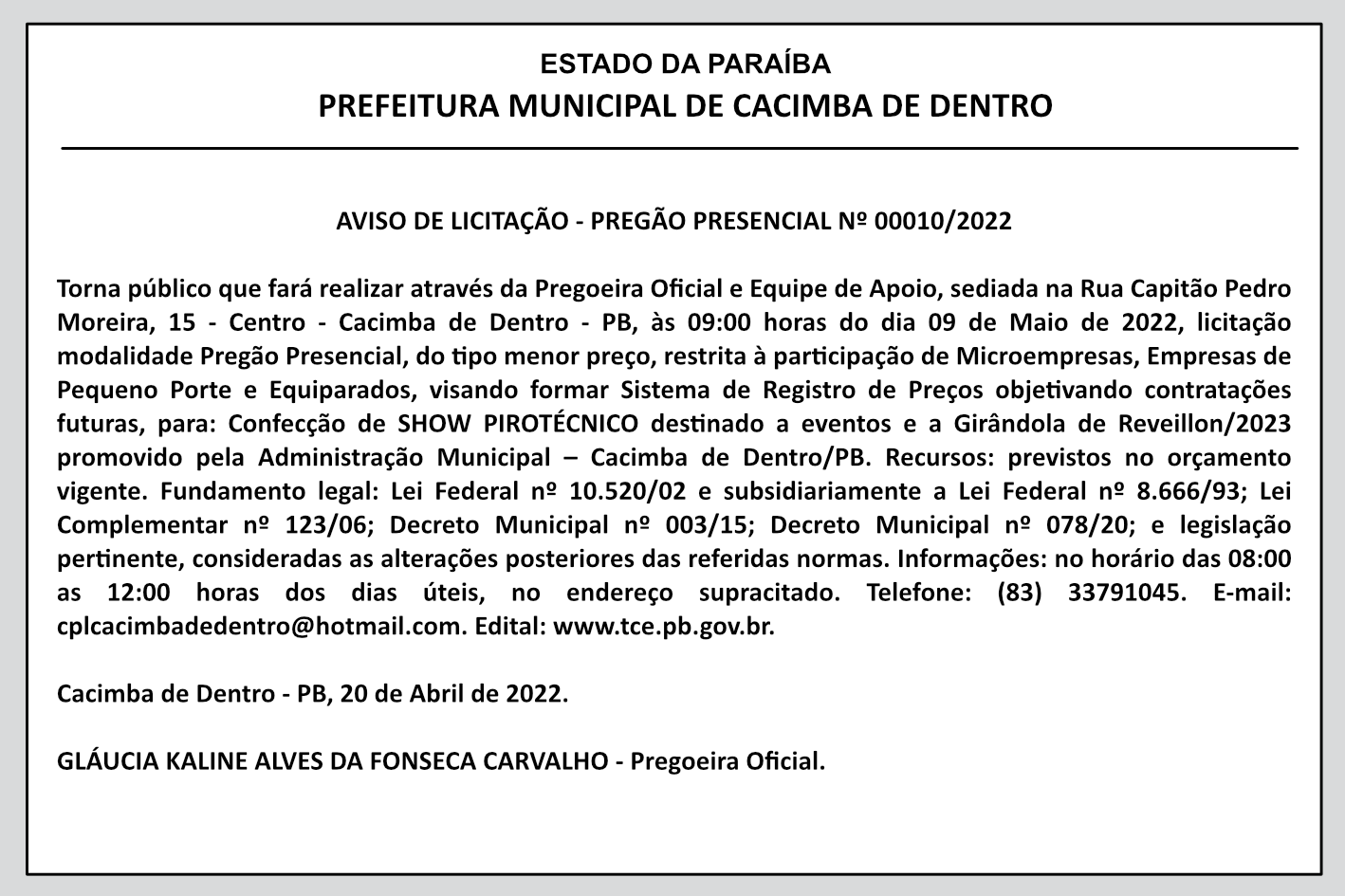 PREFEITURA MUNICIPAL DE CACIMBA DE DENTRO – AVISO DE LICITAÇÃO – PREGÃO PRESENCIAL Nº 00010/2022