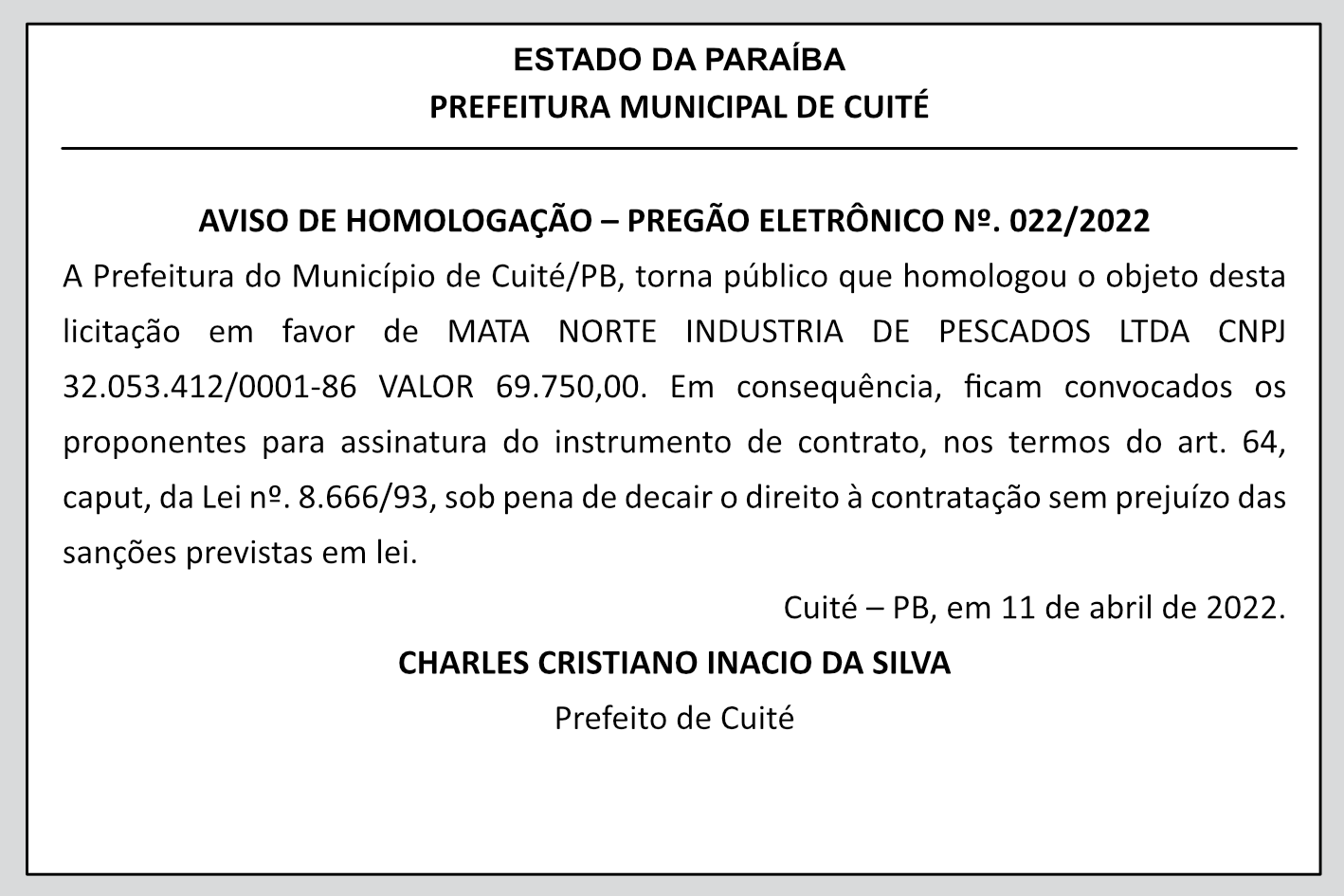 PREFEITURA MUNICIPAL DE CUITÉ – AVISO DE HOMOLOGAÇÃO – PREGÃO ELETRÔNICO Nº 022/2022