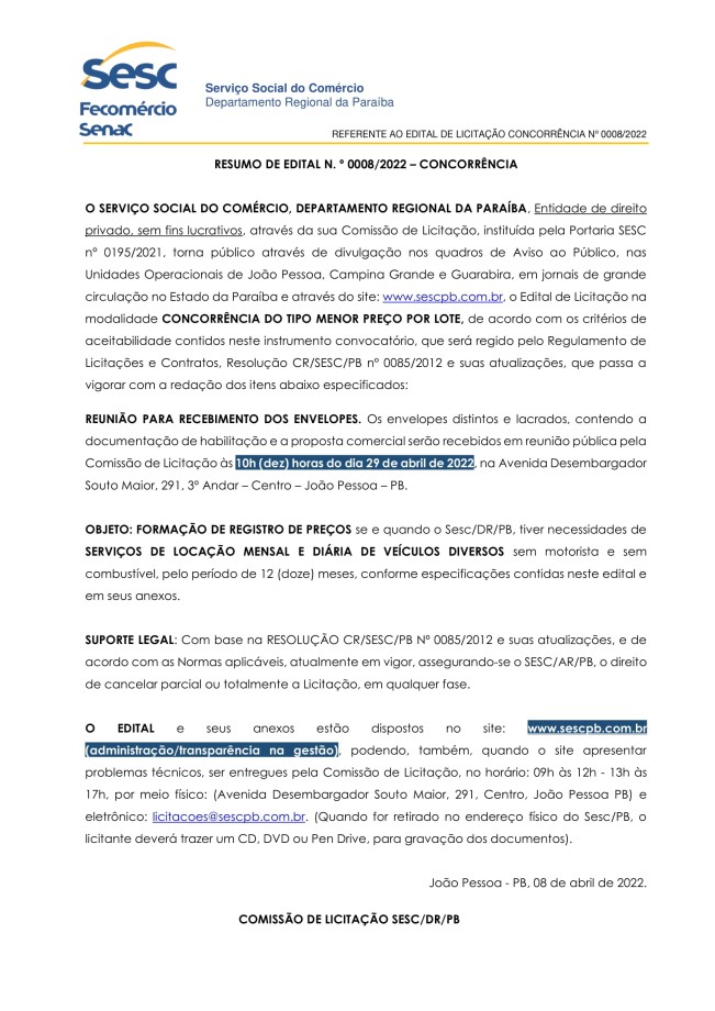SESC – RESUMO DE EDITAL N.º 0008/2022 – CONCORRÊNCIA