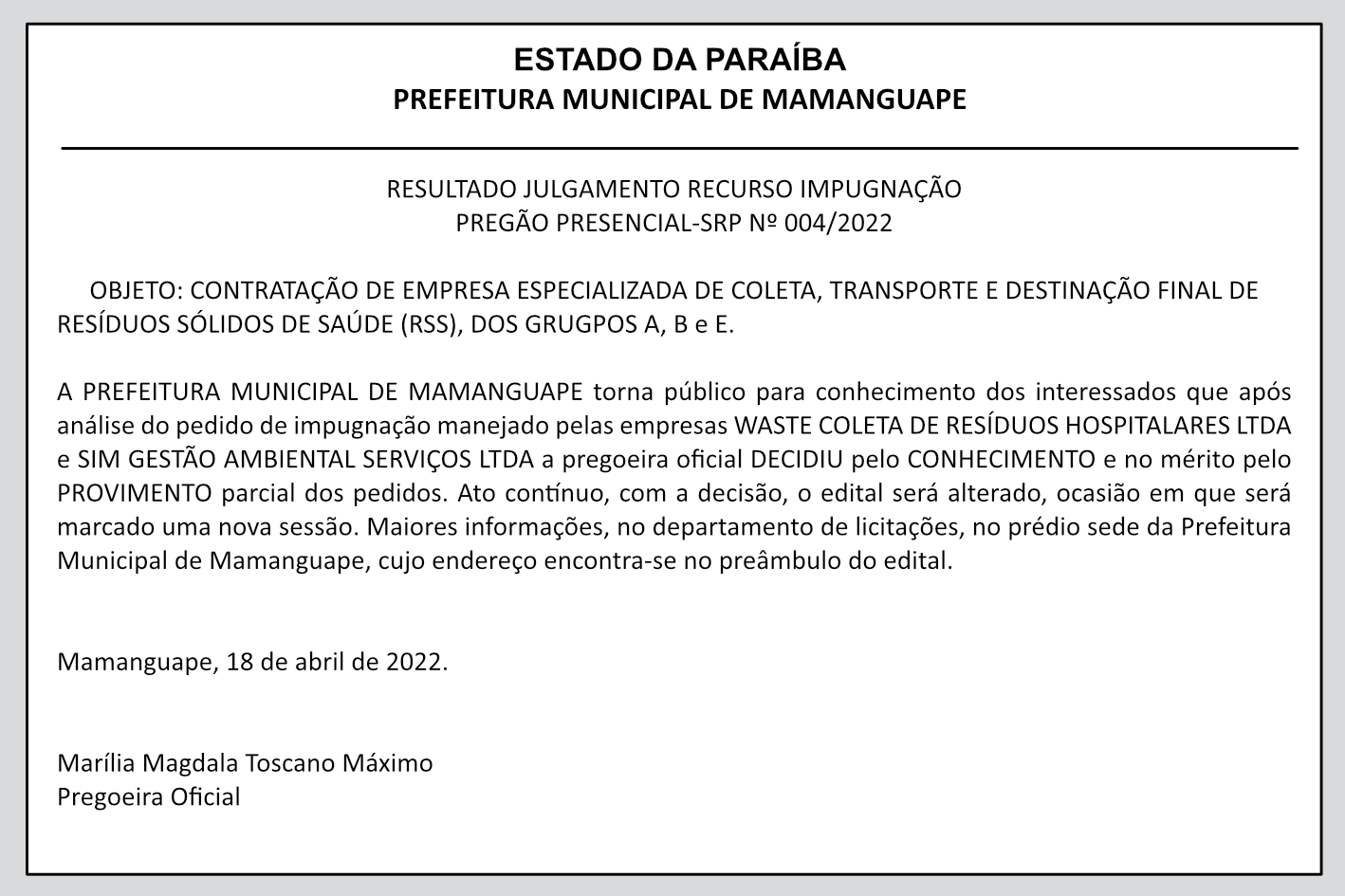 PREFEITURA MUNICIPAL DE MAMANGUAPE – RESULTADO JULGAMENTO RECURSO IMPUGNAÇÃO – PREGÃO PRESENCIAL-SRP Nº 004/2022