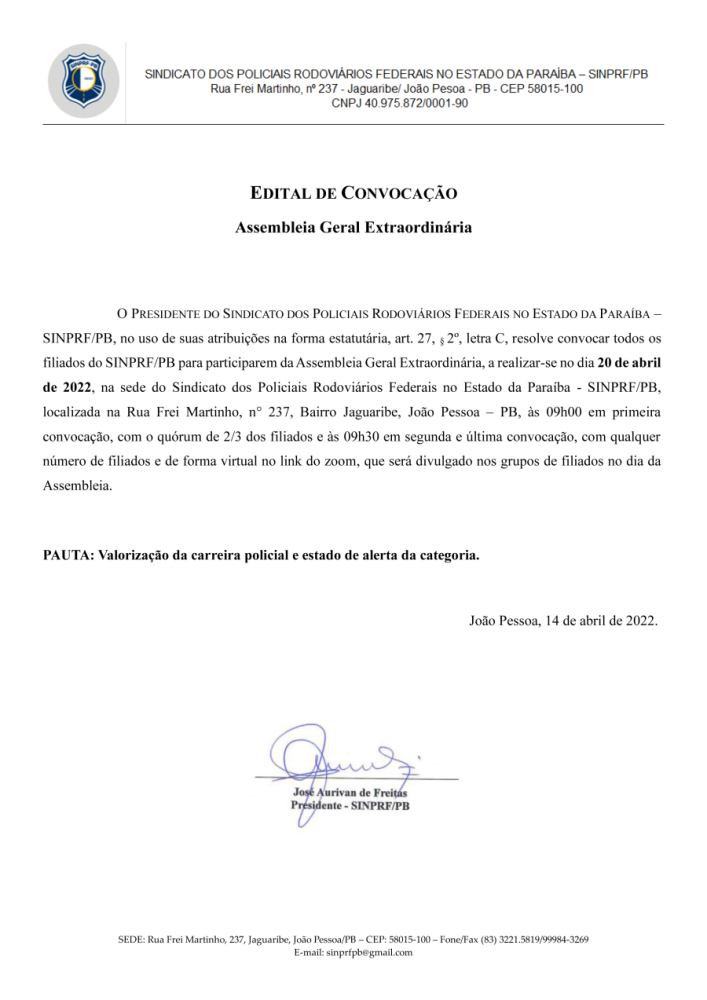 SINPRF/PB – EDITAL DE CONVOCAÇÃO – ASSEMBLEIA GERAL EXTRAORDINÁRIA