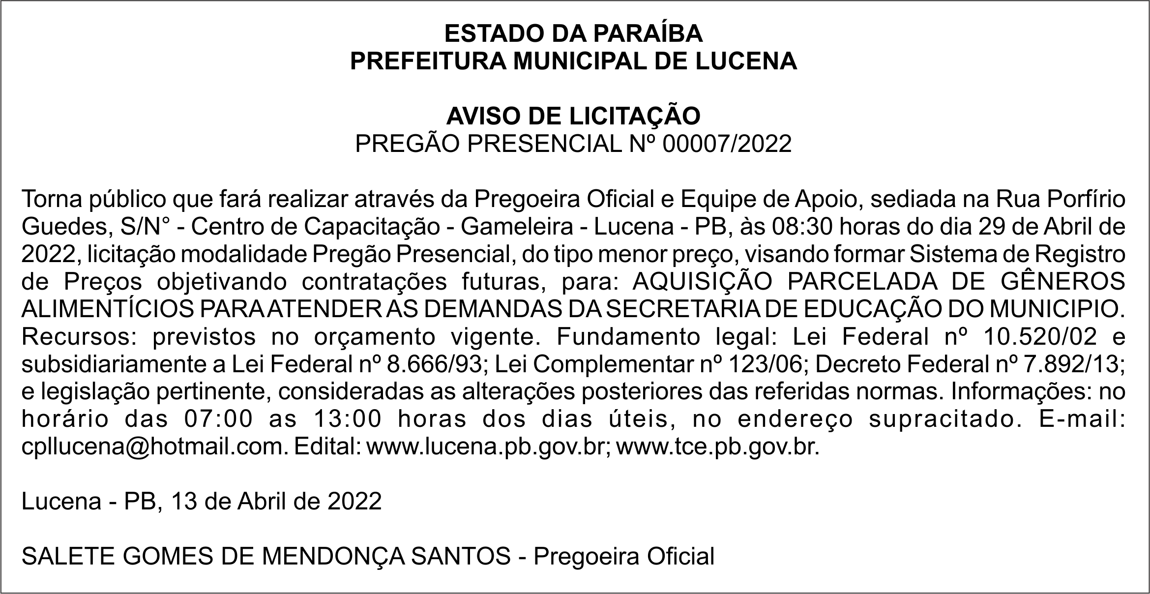 PREFEITURA MUNICIPAL DE LUCENA – AVISO DE LICITAÇÃO – PREGÃO PRESENCIAL Nº 00007/2022