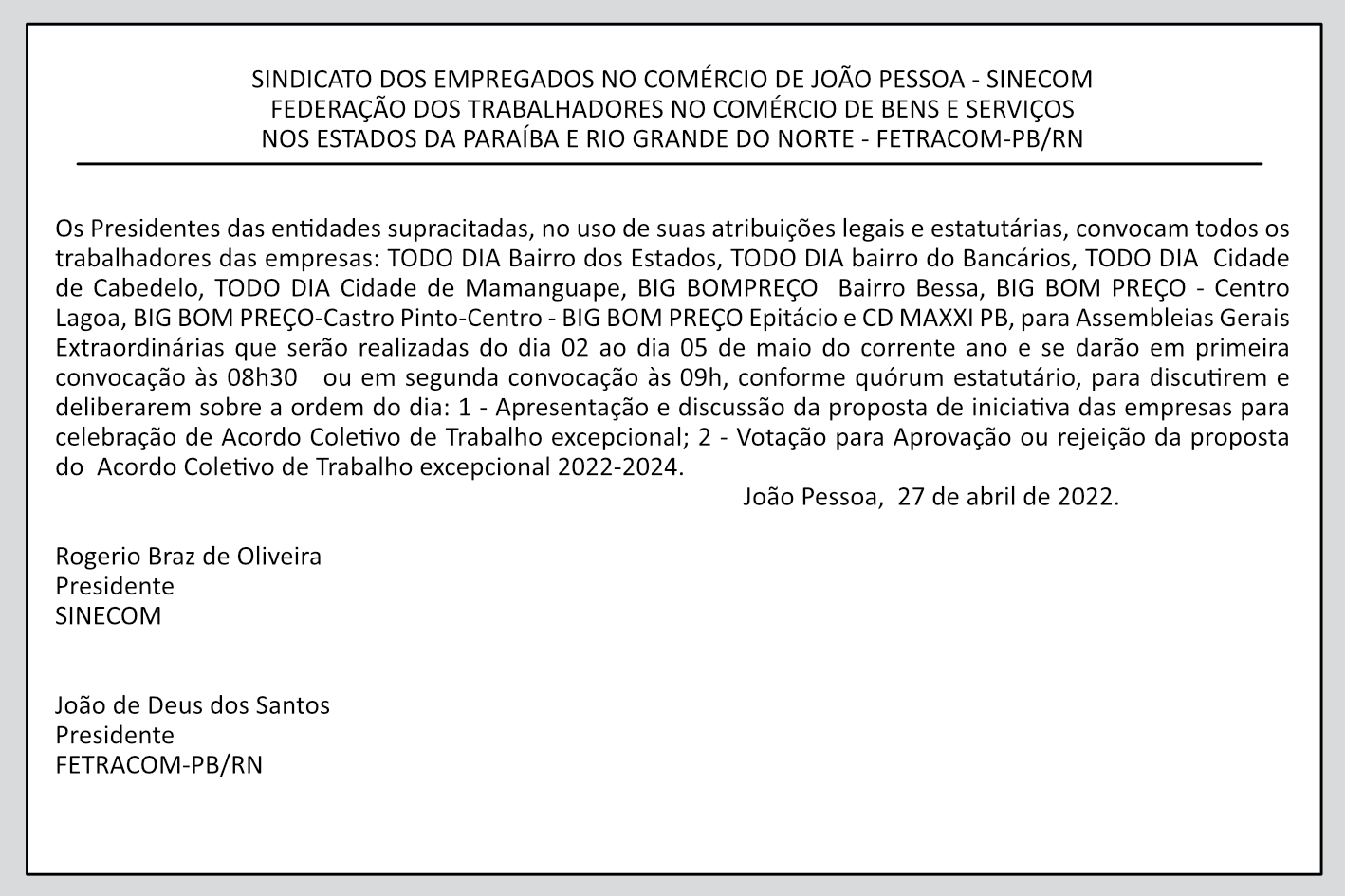 SINECOM E  FETRACOM-PB/RN – Assembleia Geral Extraordinária