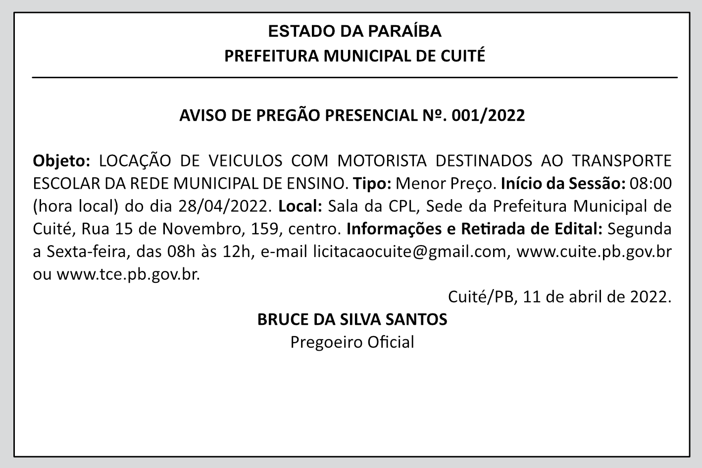 PREFEITURA MUNICIPAL DE CUITÉ – AVISO DE PREGÃO PRESENCIAL Nº 001/2022