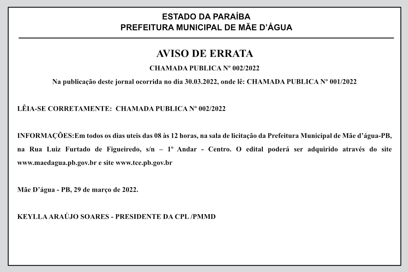PREFEITURA MUNICIPAL DE MÃE D’ÁGUA – AVISO DE ERRATA – CHAMADA PUBLICA Nº 002/2022