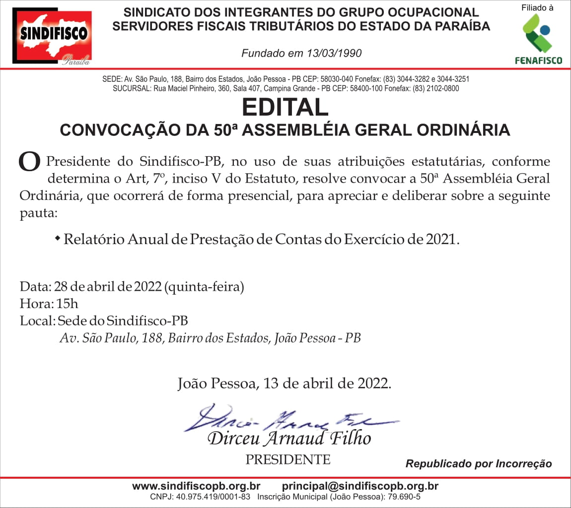 SINDIFISCO – EDITAL DE CONVOCAÇÃO DA 50ª ASSEMBLEIA GERAL ORDINÁRIA
