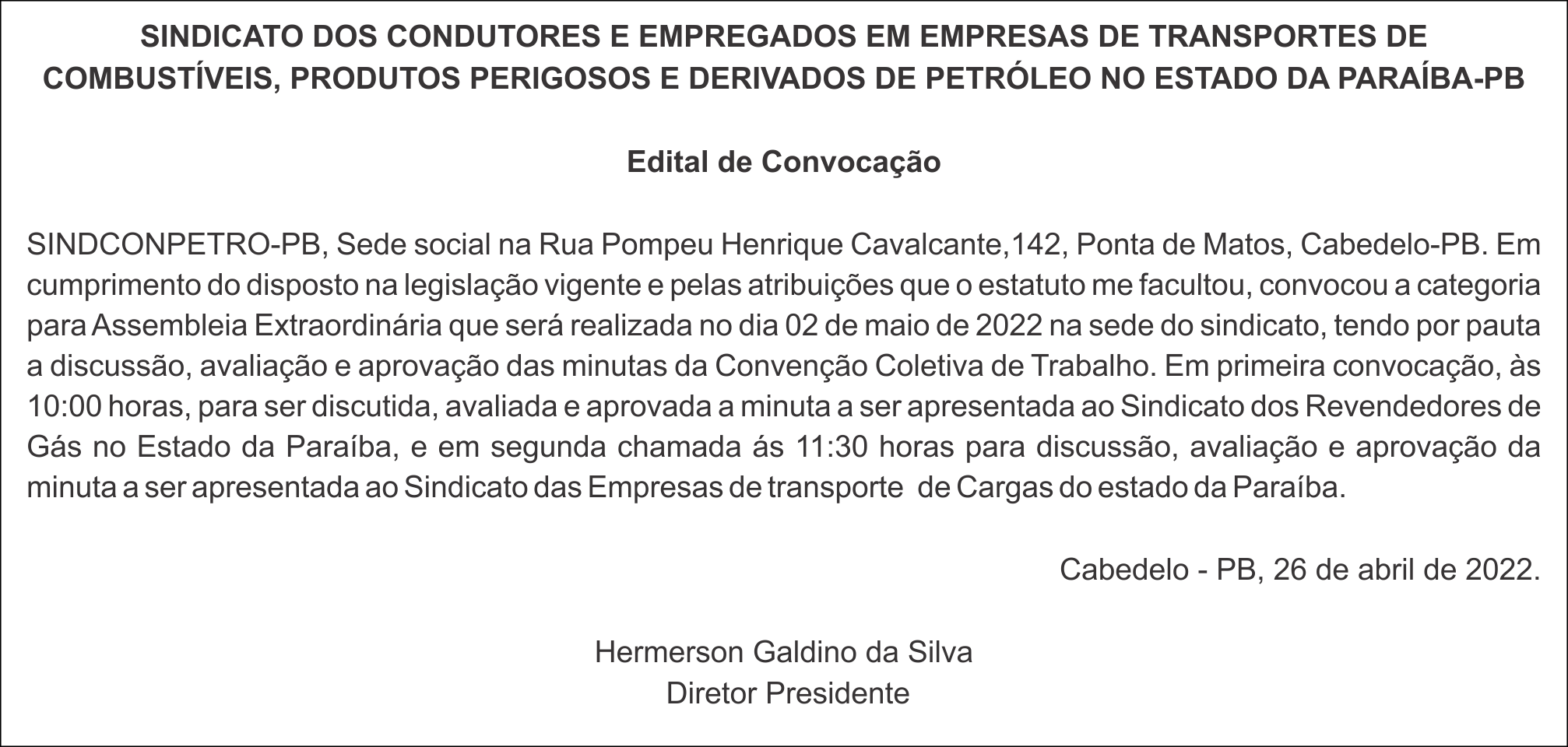 SINDCONPETRO-PB – EDITAL DE CONVOCAÇÃO