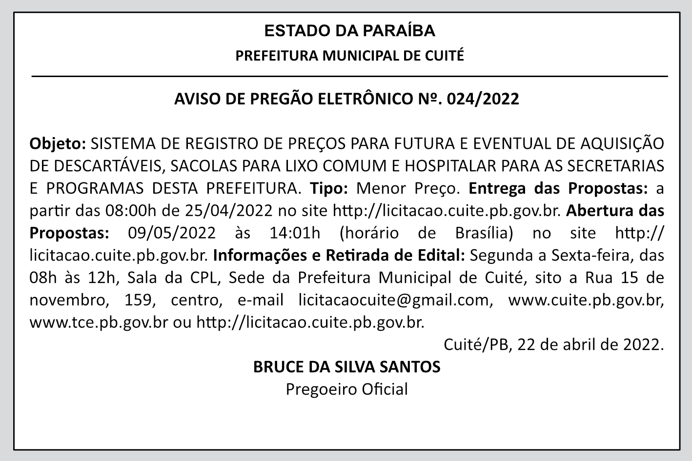 PREFEITURA MUNICIPAL DE CUITE – AVISO DE PREGÃO ELETRÔNICO Nº 024/2022