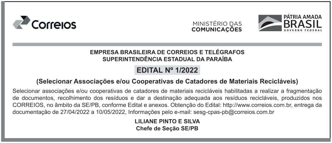 ECT – EDITAL nº 1/2022 (Selecionar associações e/ou cooperativas de catadores de materiais recicláveis)-00436395