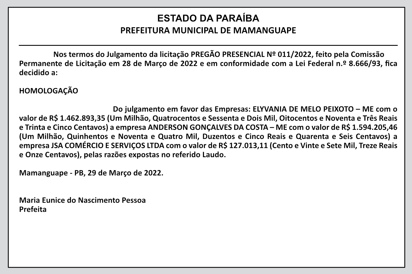 PREFEITURA MUNICIPAL DE MAMANGUAPE – HOMOLOGAÇÃO