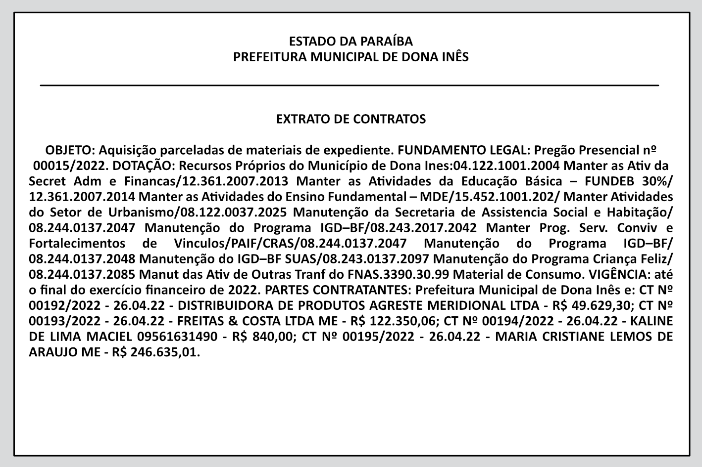 PREFEITURA MUNICIPAL DE DONA INÊS – EXTRATO DE CONTRATOS