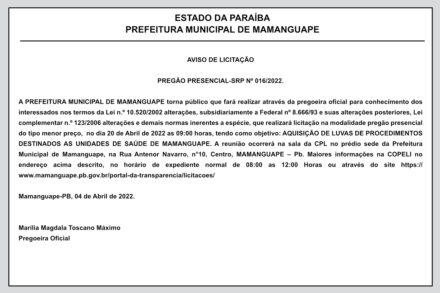 PREFEITURA MUNICIPAL DE MAMANGUAPE – AVISO DE LICITAÇÃO – PREGÃO PRESENCIAL-SRP Nº 016/2022.