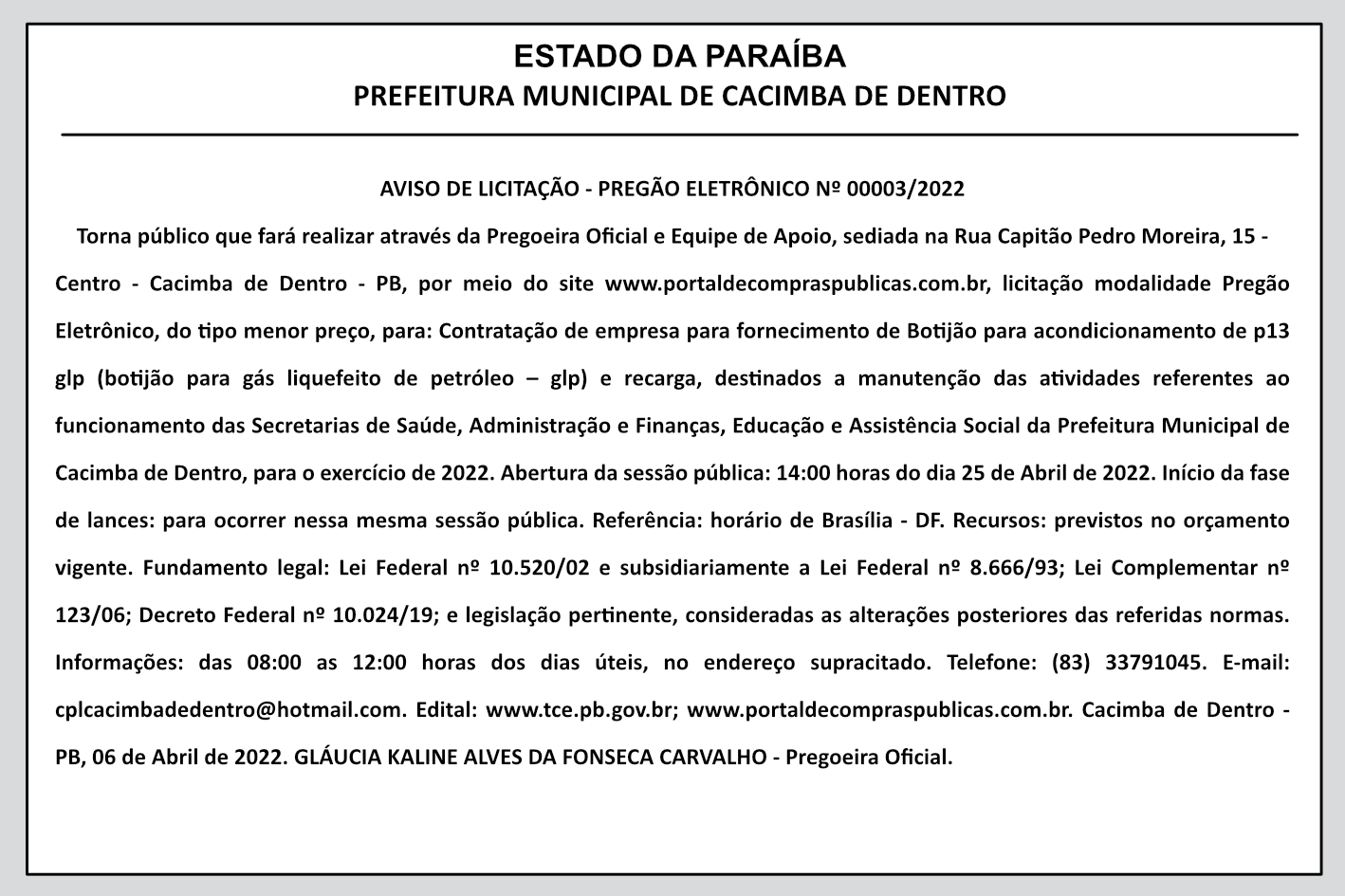 PREFEITURA MUNICIPAL DE CACIMBA DE DENTRO – AVISO DE LICITAÇÃO – PREGÃO ELETRÔNICO Nº 00003/2022
