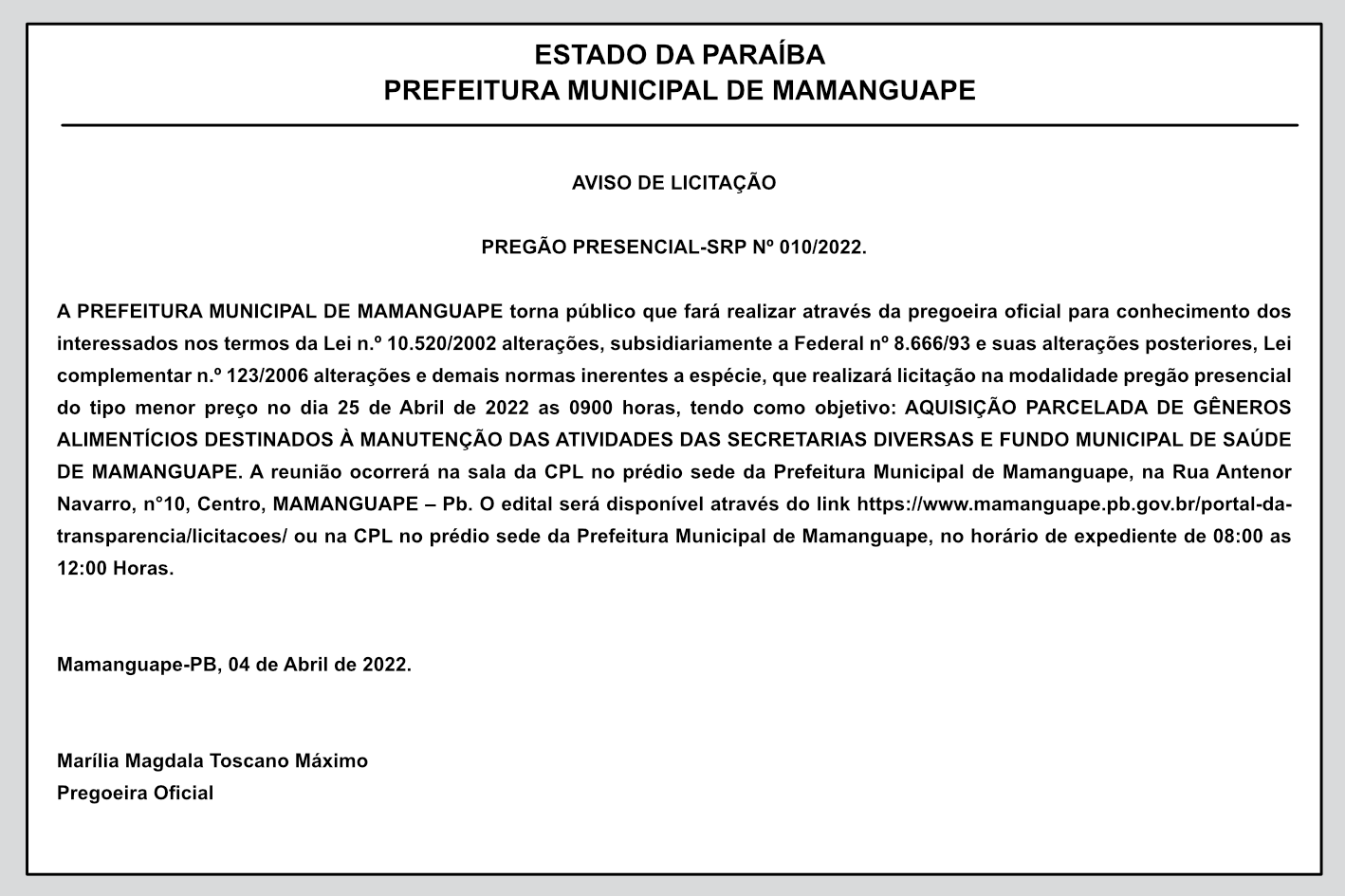 PREFEITURA MUNICIPAL DE MAMANGUAPE – AVISO DE LICITAÇÃO – PREGÃO PRESENCIAL-SRP Nº 010/2022.