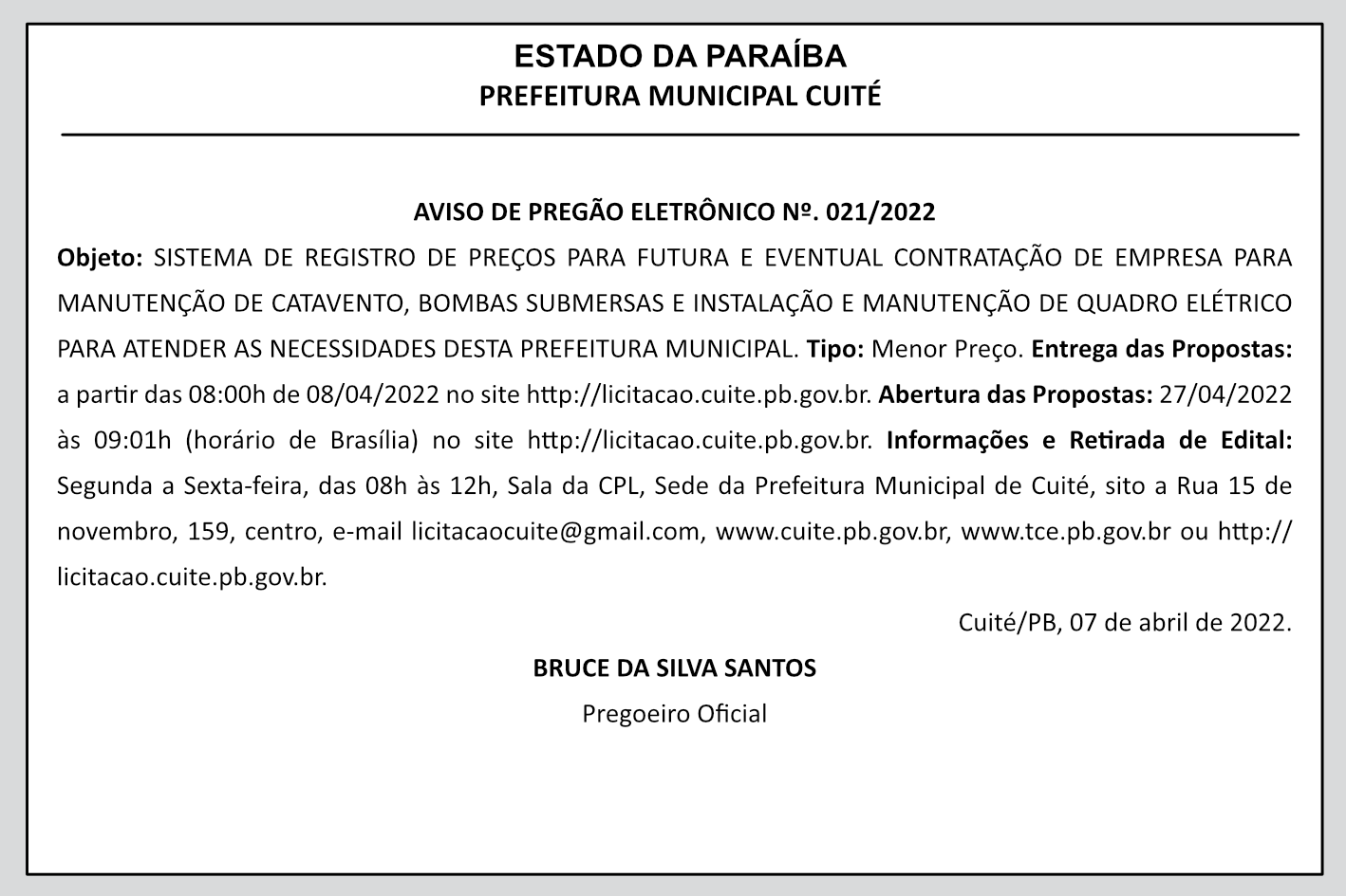 PREFEITURA MUNICIPAL DE CUITÉ – AVISO DE PREGÃO ELETRÔNICO Nº 021/2022