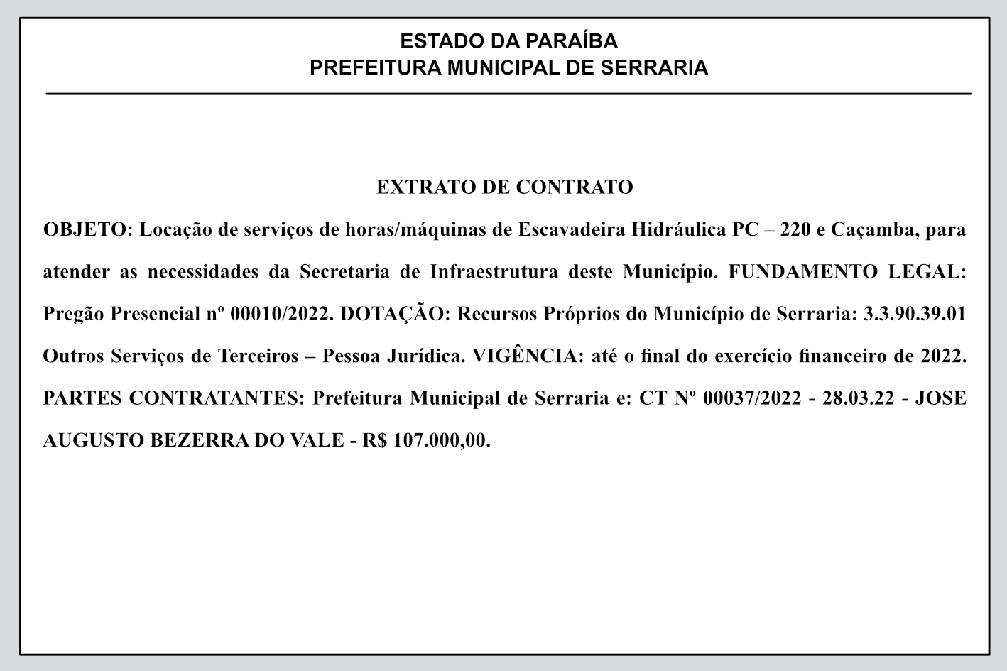 PREFEITURA MUNICIPAL DE SERRARIA – EXTRATO DE CONTRATO