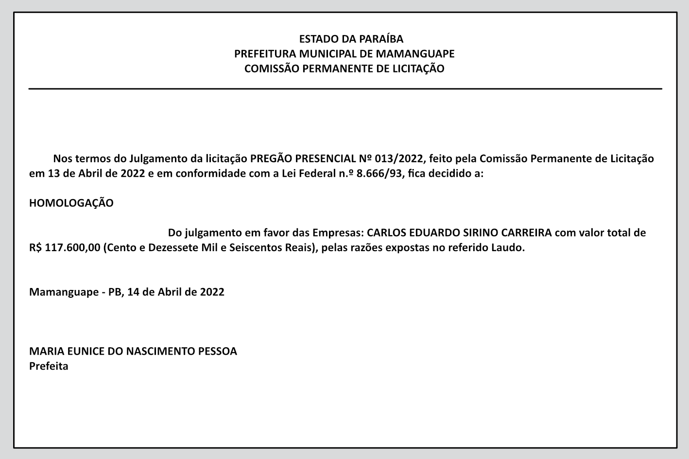 PREFEITURA MUNICIPAL DE MAMANGUAPE – COMISSÃO PERMANENTE DE LICITAÇÃO – HOMOLOGAÇÃO