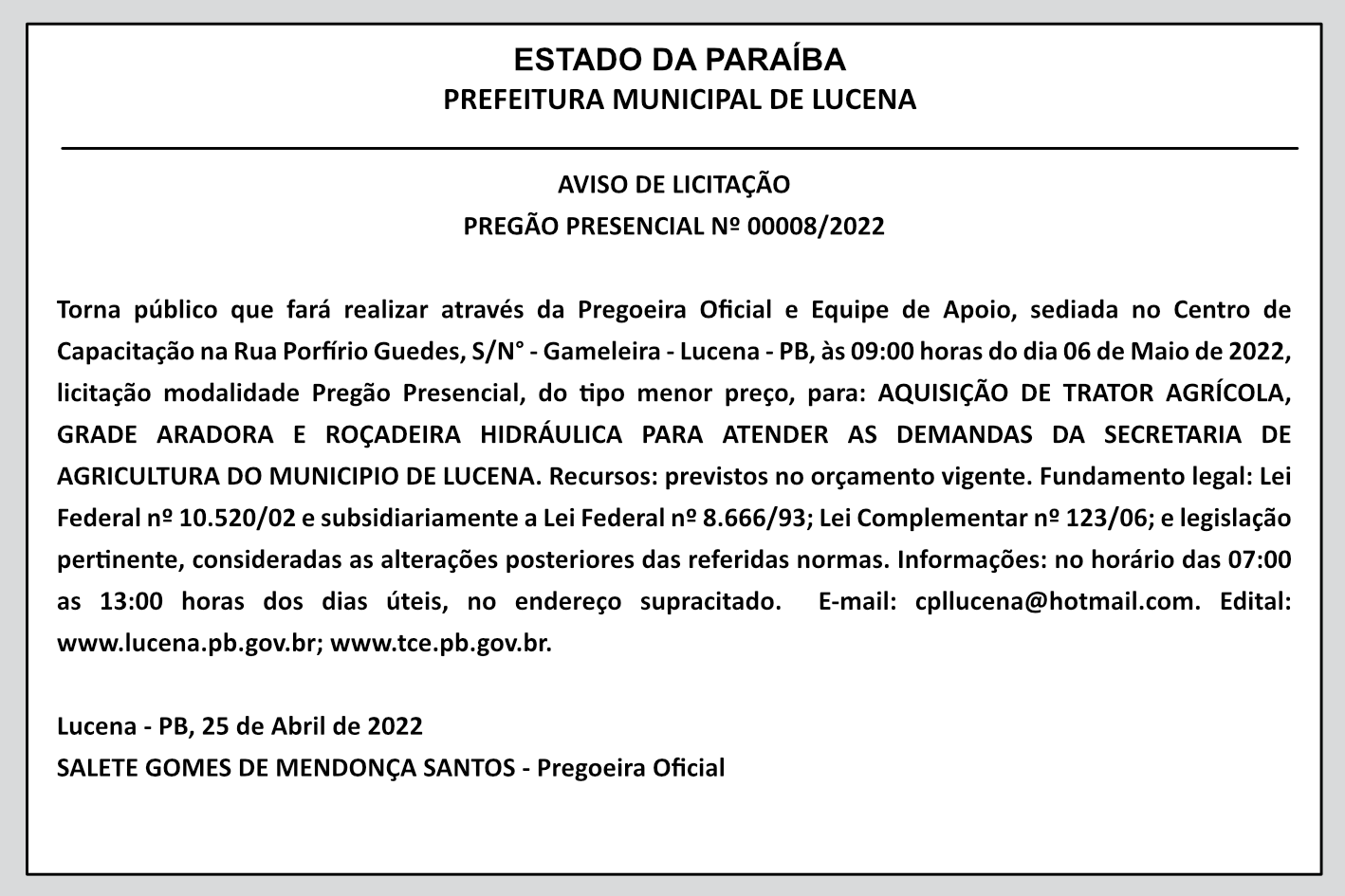 PREFEITURA MUNICIPAL DE LUCENA – AVISO DE LICITAÇÃO – PREGÃO PRESENCIAL Nº 00008/2022