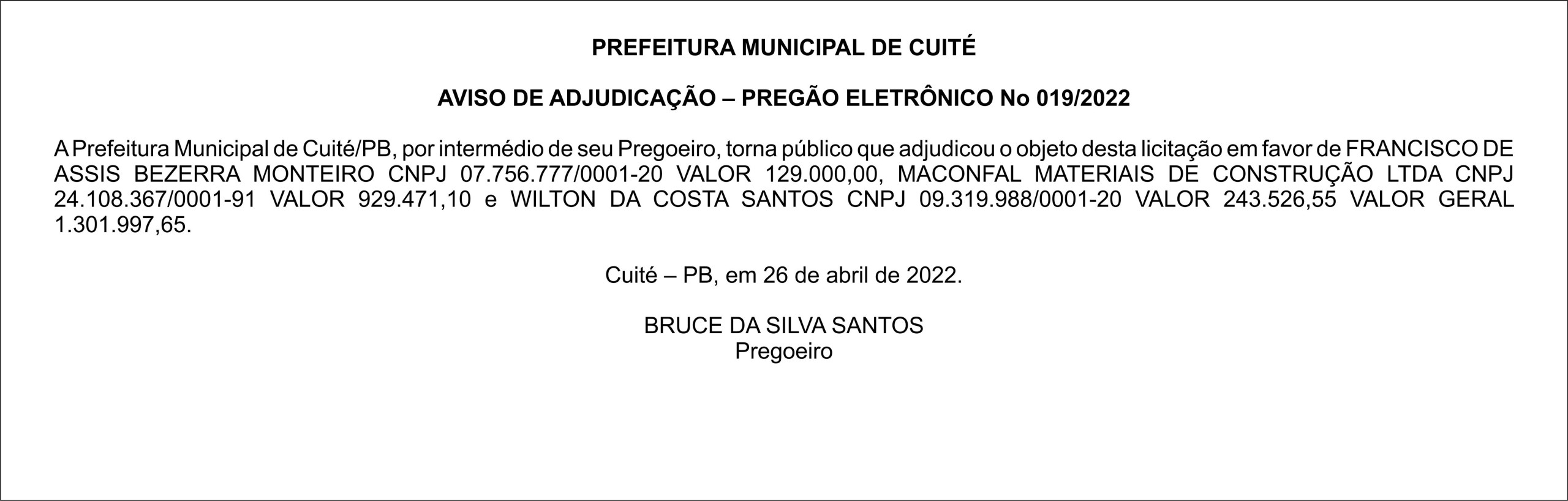 PREFEITURA MUNICIPAL DE CUITÉ – AVISO DE ADJUDICAÇÃO – PREGÃO ELETRÔNICO Nº 019/2022