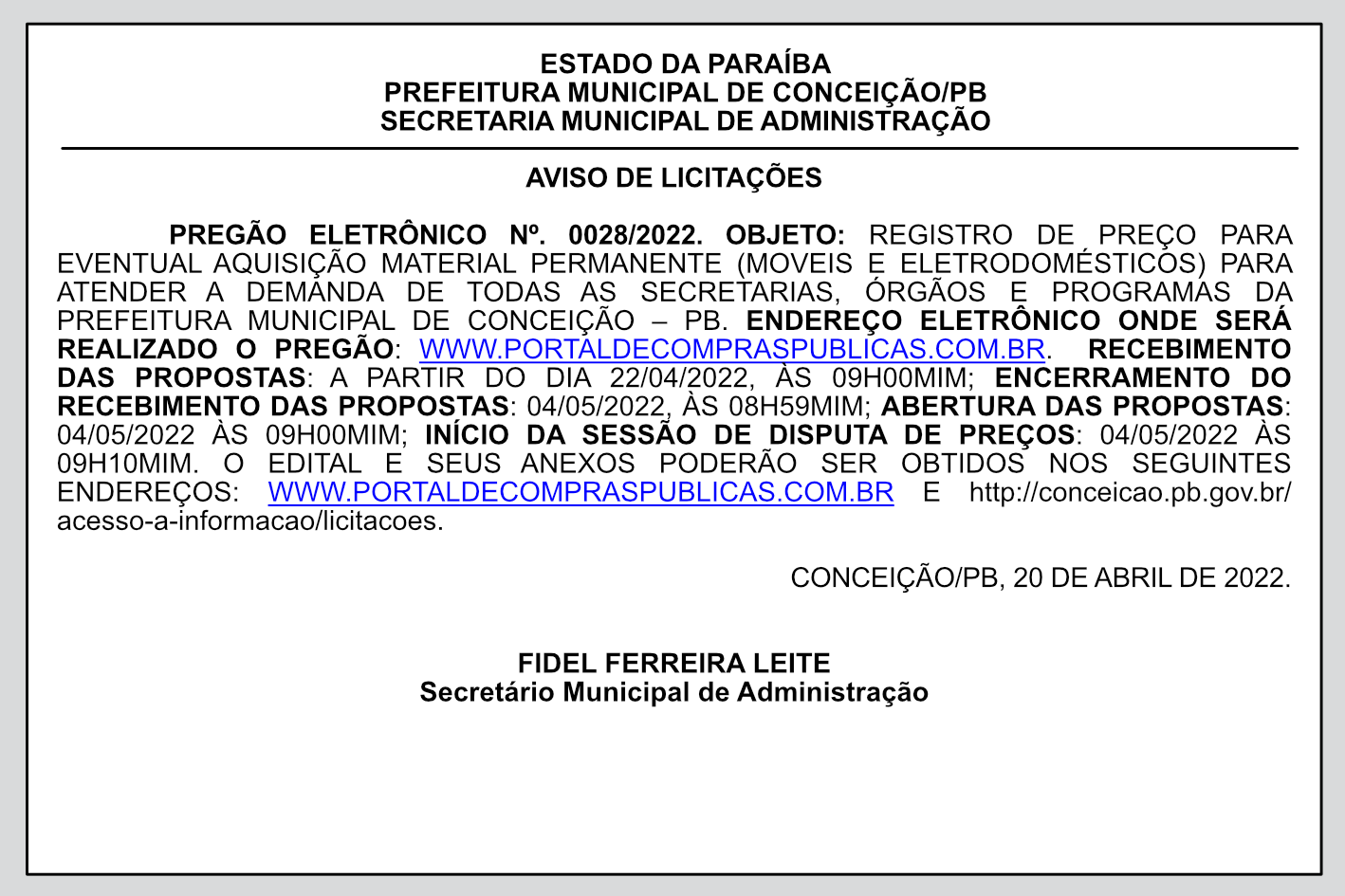 PREFEITURA MUNICIPAL DE CONCEIÇÃO – AVISO DE LICITAÇÕES – PREGÃO ELETRÔNICO Nº 0028/2022
