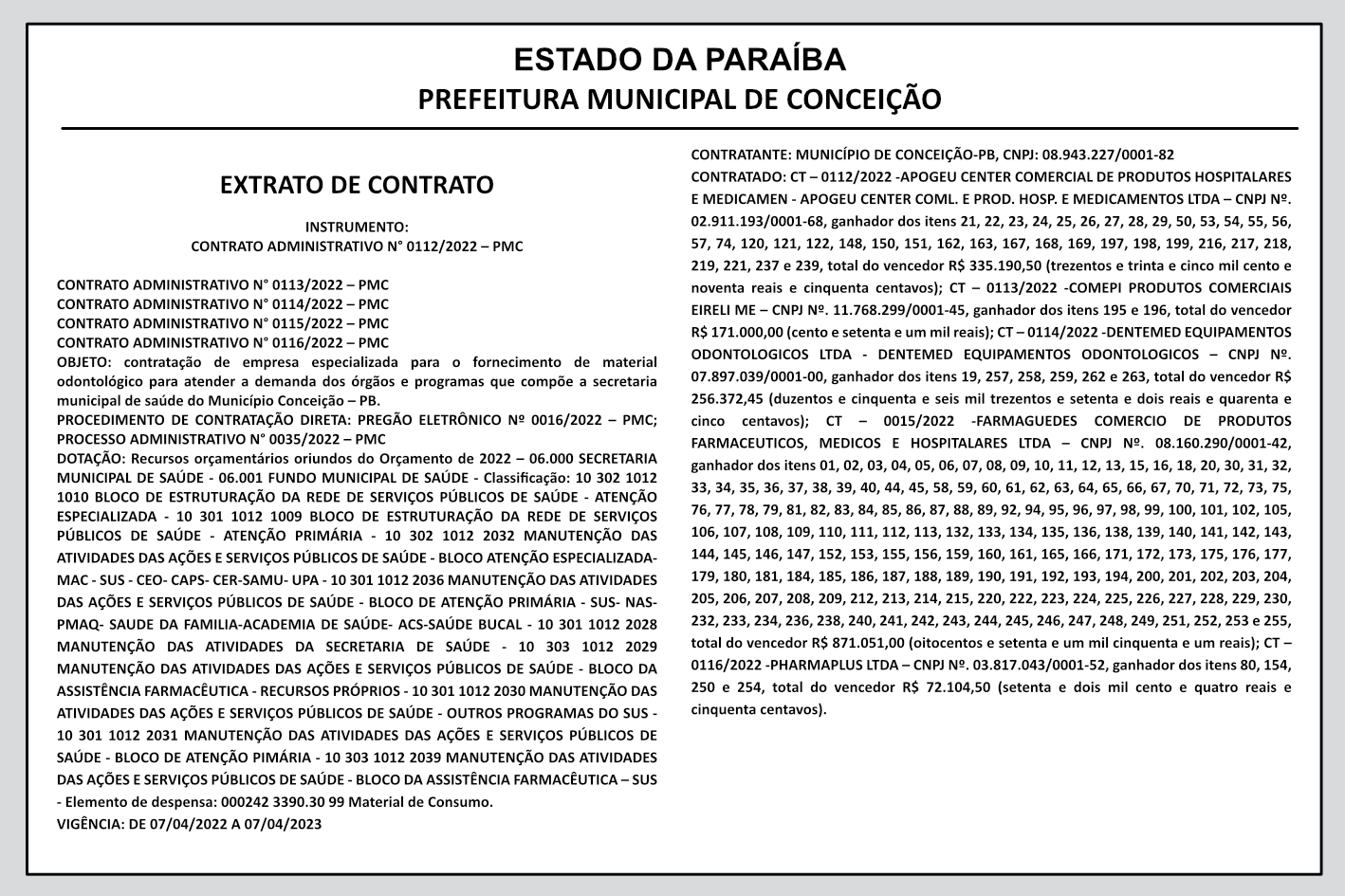 PREFEITURA MUNICIPAL DE CONCEIÇÃO – EXTRATO DE CONTRATO