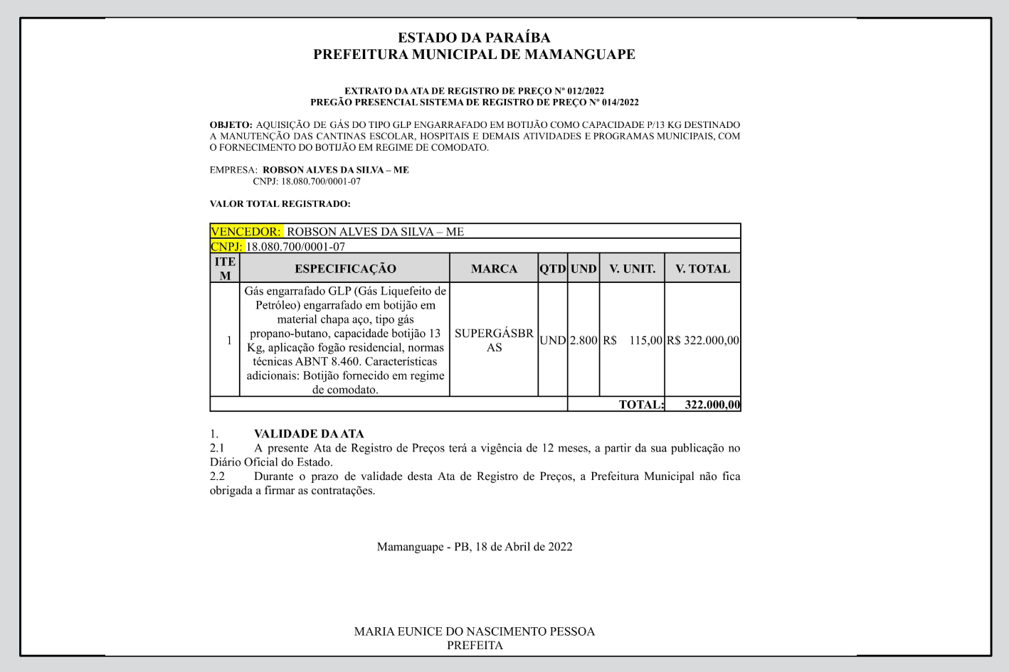 PREFEITURA MUNICIPAL DE MAMANGUAPE – EXTRATO DA ATA DE REGISTRO DE PREÇO Nº 012/2022 – PREGÃO PRESENCIAL – SISTEMA DE REGISTRO DE PREÇO Nº 014/2022