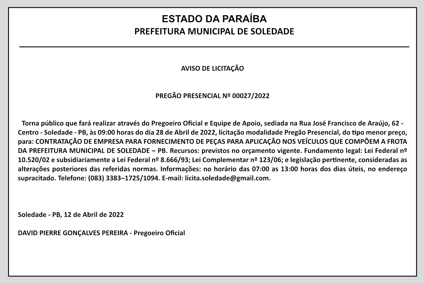 PREFEITURA MUNICIPAL DE SOLEDADE – AVISO DE LICITAÇÃO – PREGÃO PRESENCIAL Nº 00027/2022