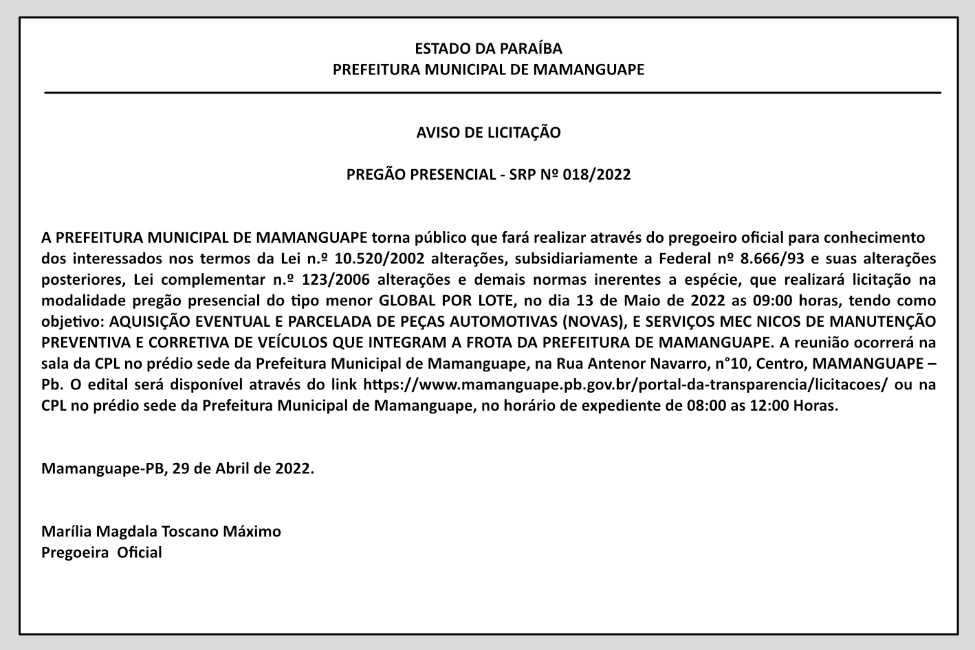 PREFEITURA MUNICIPAL DE MAMANGUAPE – AVISO DE LICITAÇÃO – PREGÃO PRESENCIAL-SRP Nº 018/2022