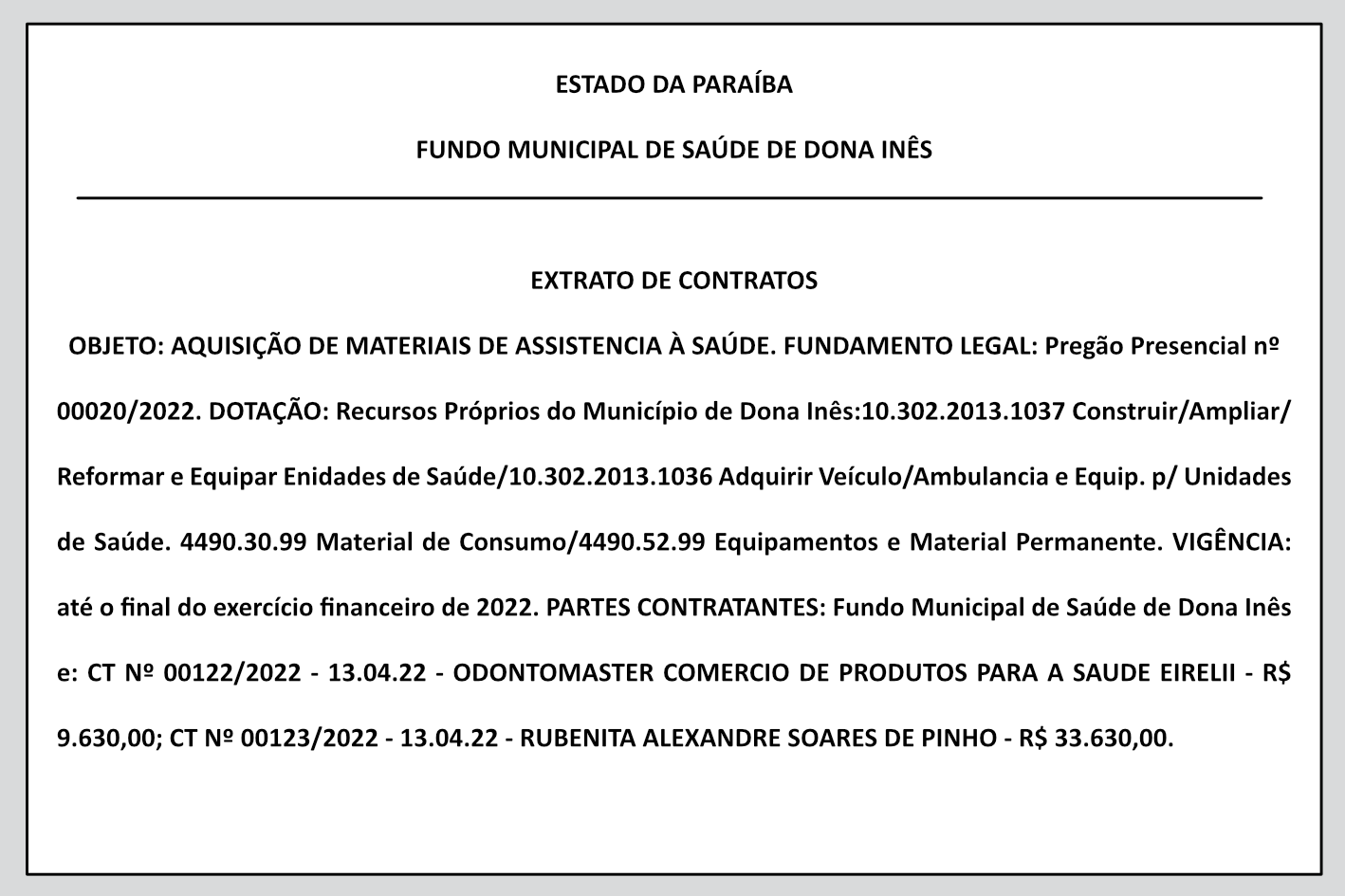 FUNDO MUNICIPAL DE SAÚDE DE DONA INÊS – EXTRATO DE CONTRATOS