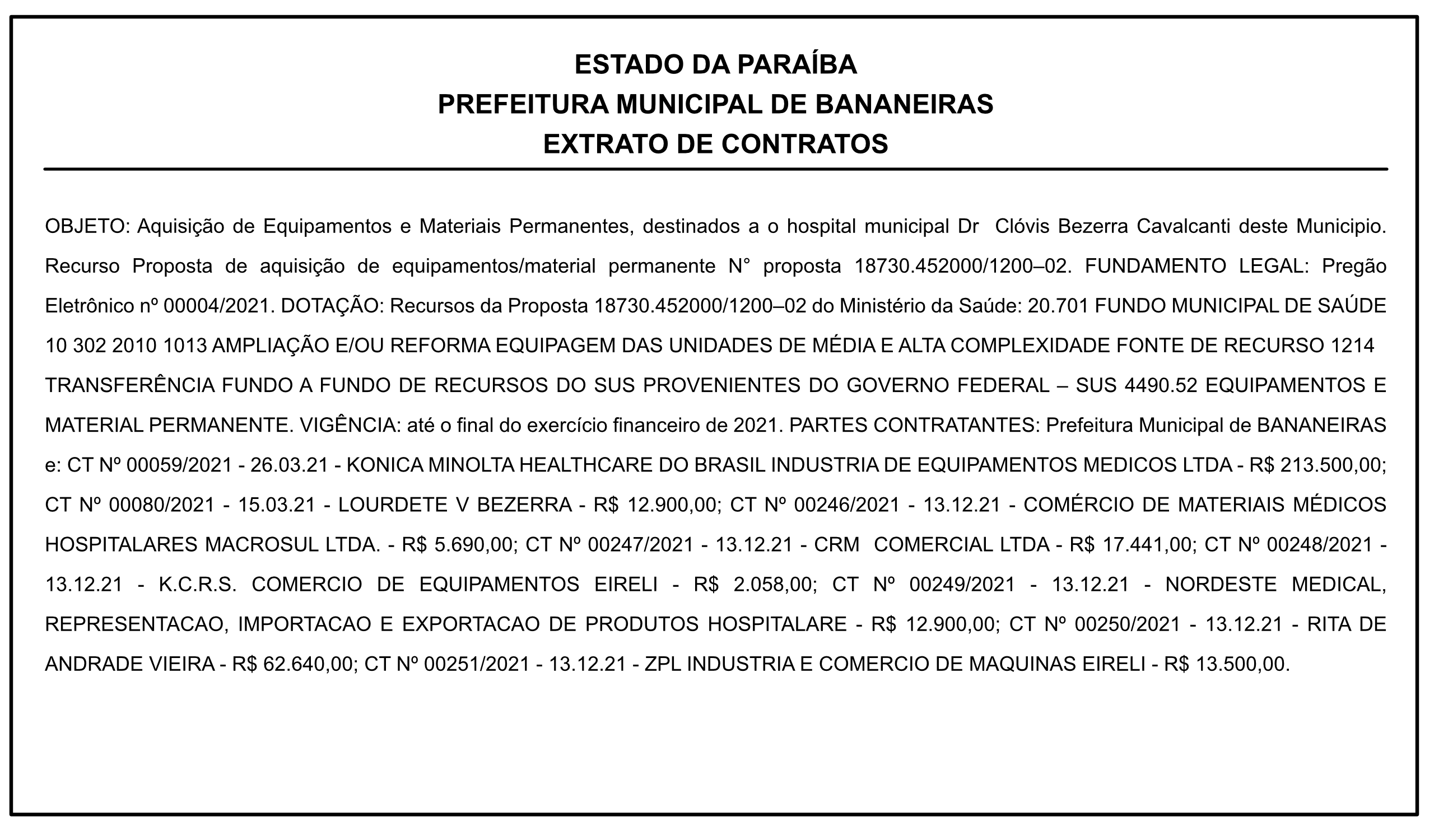 PREFEITURA MUNICIPAL DE BANANEIRAS – EXTRATO DE CONTRATOS