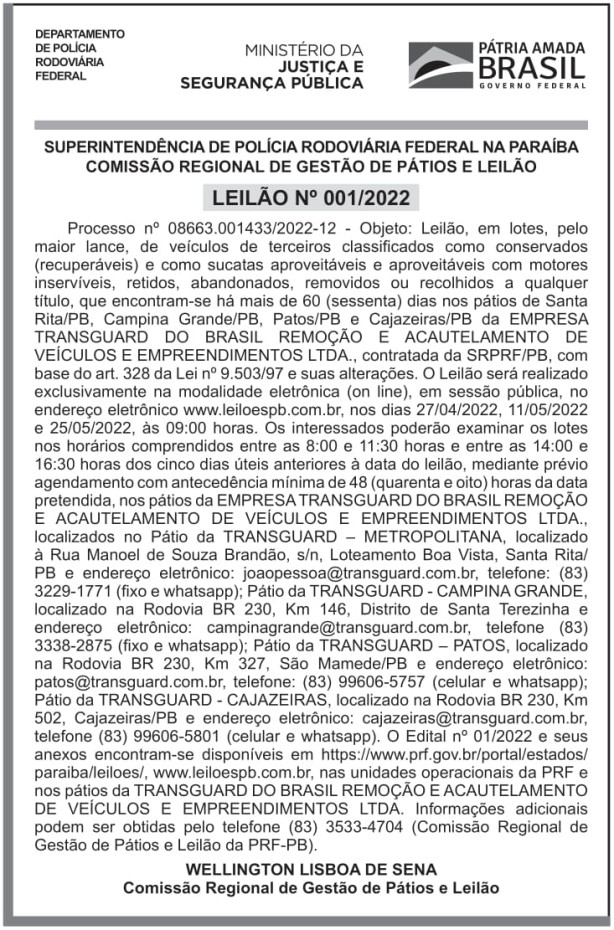 SRPRF – PB – 14° SR – JOÃO PESSOA – LEILÃO Nº 01/2022