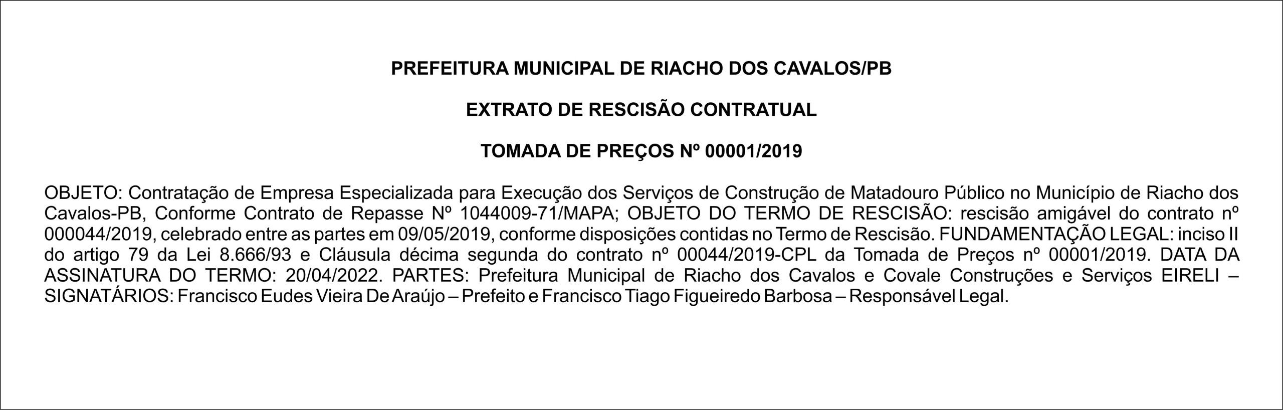 PREFEITURA MUNICIPAL DE RIACHO DOS CAVALOS – EXTRATO DE RESCISÃO CONTRATUAL – TOMADA DE PREÇOS Nº 00001/2019