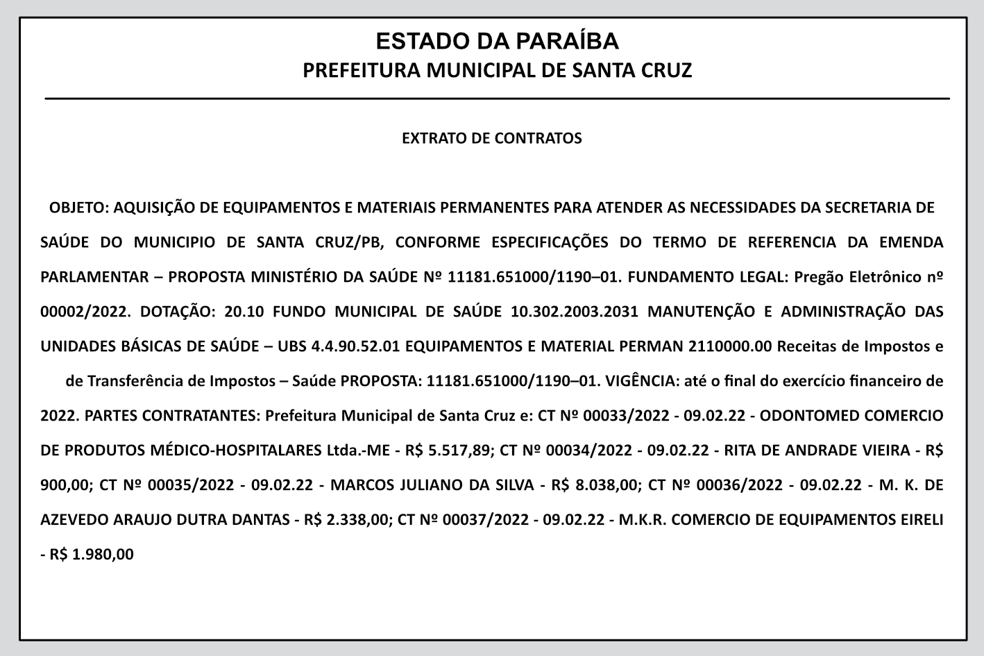 PREFEITURA MUNICIPAL DE SANTA CRUZ – EXTRATO DE CONTRATOS